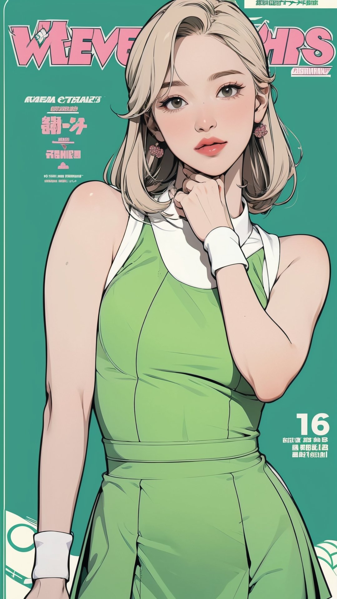 1girl, standing, thigh up body, ((looking at viewer, tennis girl outfit, center opening,)) 2D artstyle, magazine cover, outline, earings, blush, green background, hairstyle, ultra detailed, best quality, sharp focus, ,DiaSondef,sophiesw,Mia ,Anna ,mthanhh,minatw