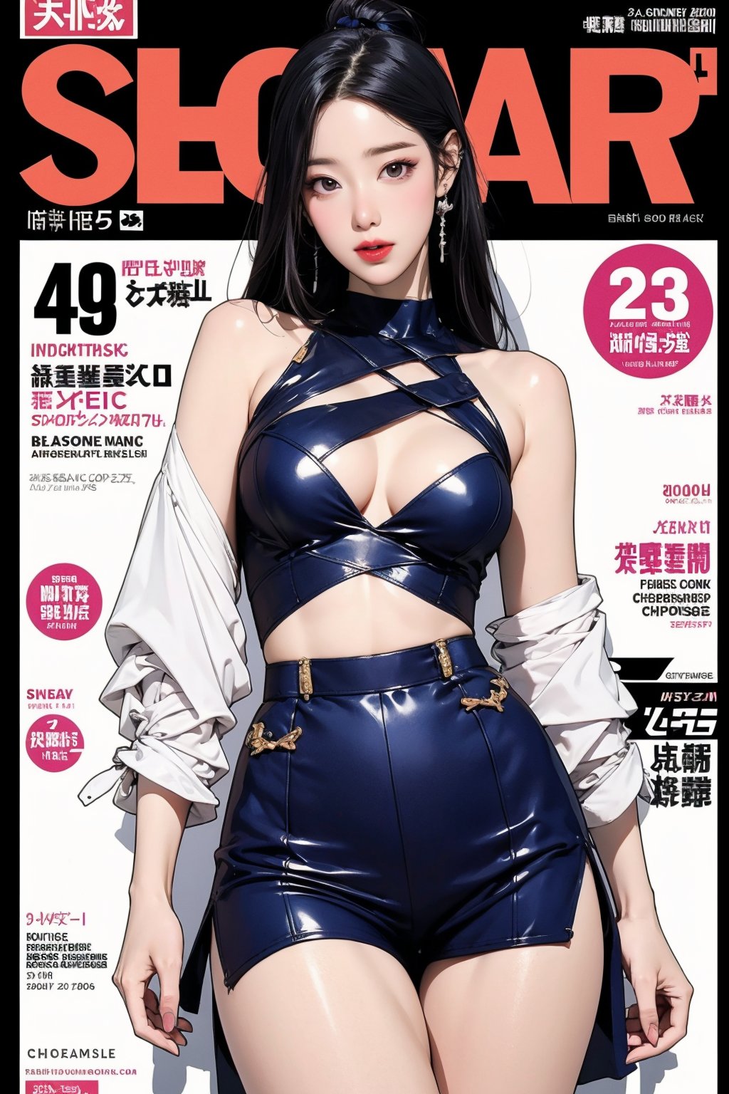 allure, lustfully, 1girl, thigh up body, detailed clothes, earrings, magazine cover, colorful, chimai