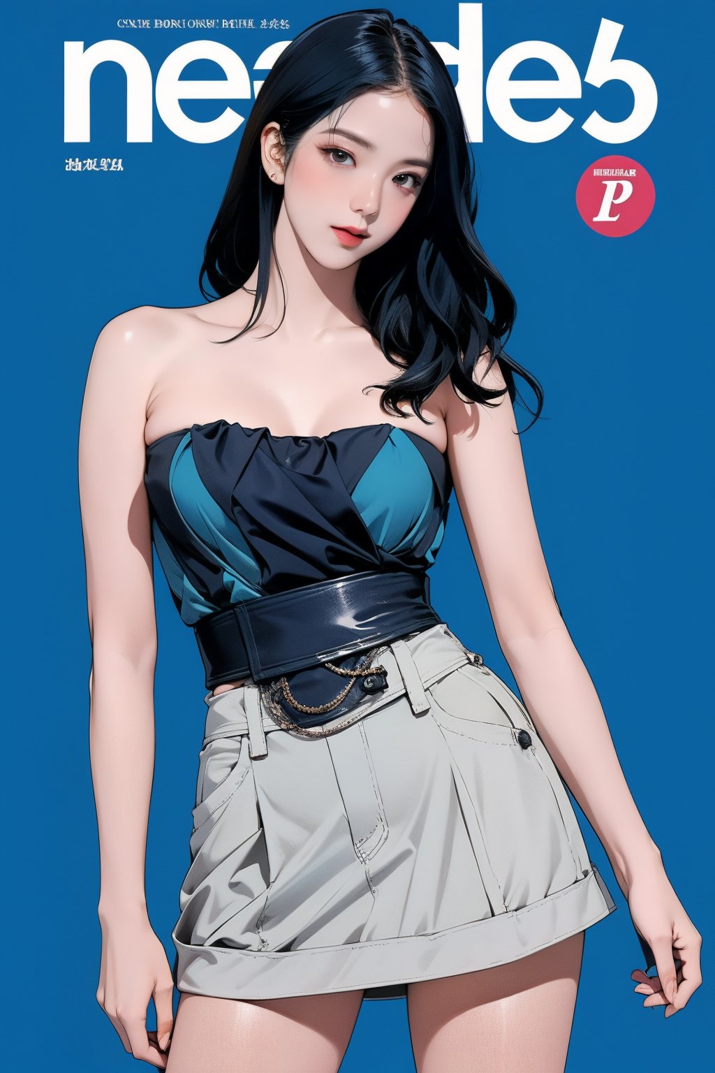 1girl,  looking at viewer, detailed clothes, ((strapless shirt,)) miniskirt, accurate color reproduction, best quality, professionally color graded, artwork, blurring effect, professional lighting, sanatw, magazine cover, blue background, jisoo