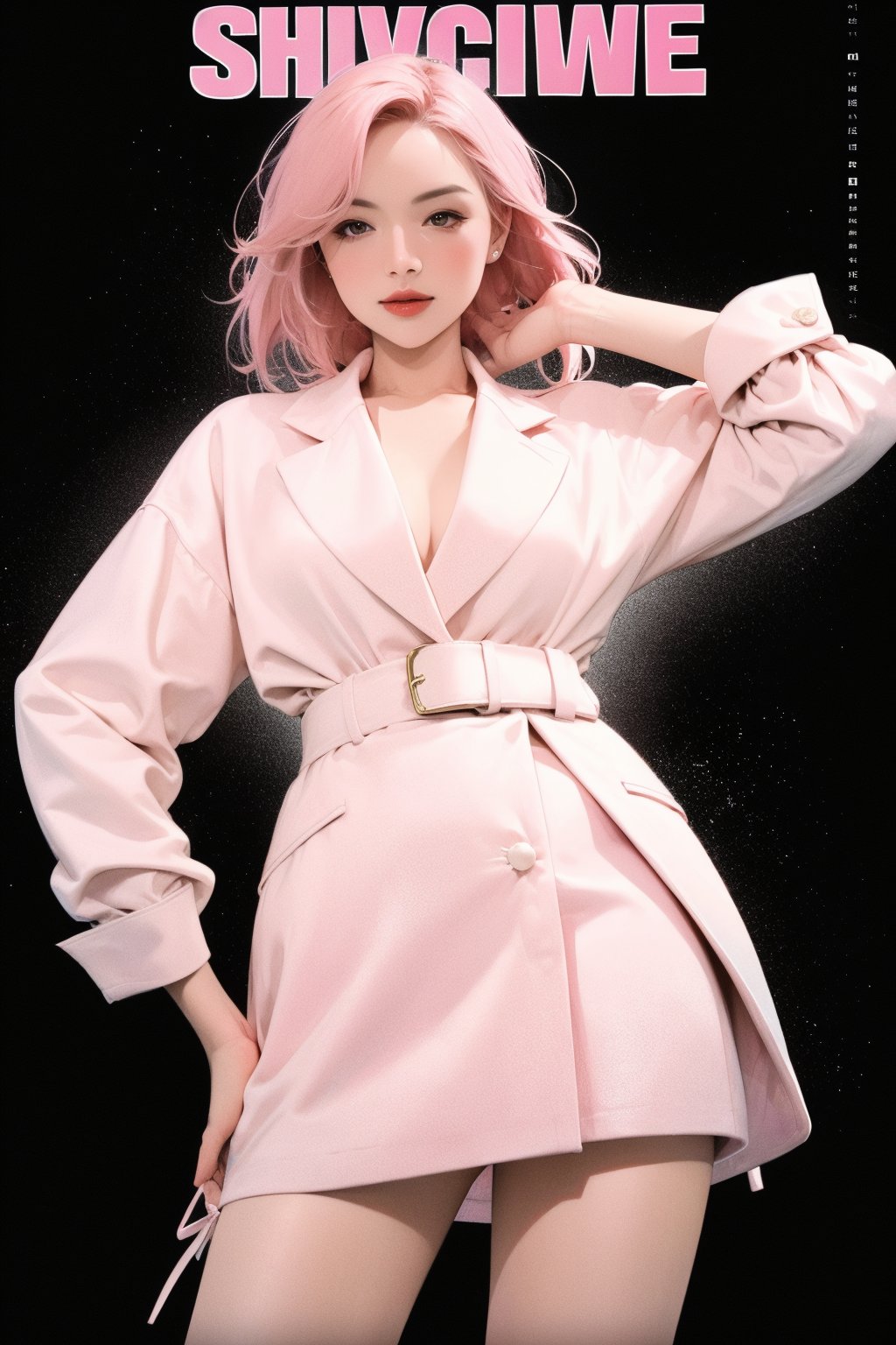 1girl, thigh up, looking at viewer, pink hair, styled clothes, ultra detail, accurate color reproduction, black background, best quality, professionally color graded, artwork, blurring effect, professional lighting, sanatw, magazine cover,sim