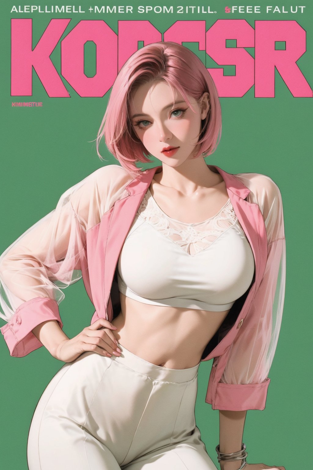 lustful, allure, sexy, ((sport_girl outfit)), 1girl, pink hair, thigh up body, looking at viewer, translucent, intricate clothes, cutout clothes, cinematic lighting, different hairstyle, magazine cover, green background,  kmiu