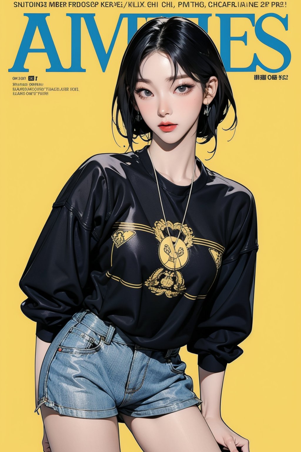 1girl, thigh up body, detailed clothes, kpop idol, short length hair, 2_braided_hair, blunt bangs, looking at viewer, sharp focus, magazine cover, yellow background, ((outline,)) chimai, aespakarina,sanatw