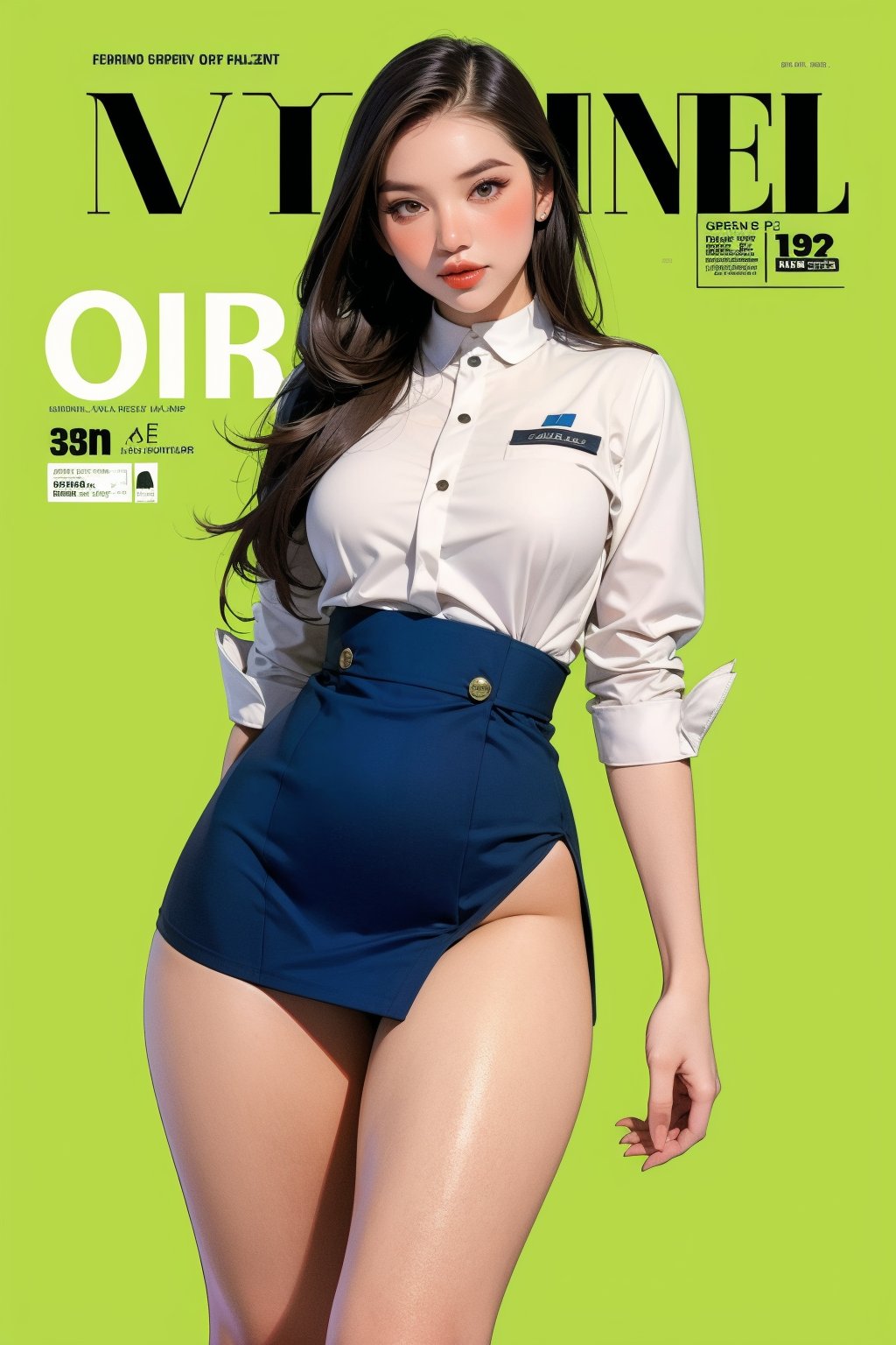 1girl, ((flight attendant outfit,)) thigh up body, cutout detailed clothes, looking at viewer, sharp focus, magazine cover, green background, chimai,