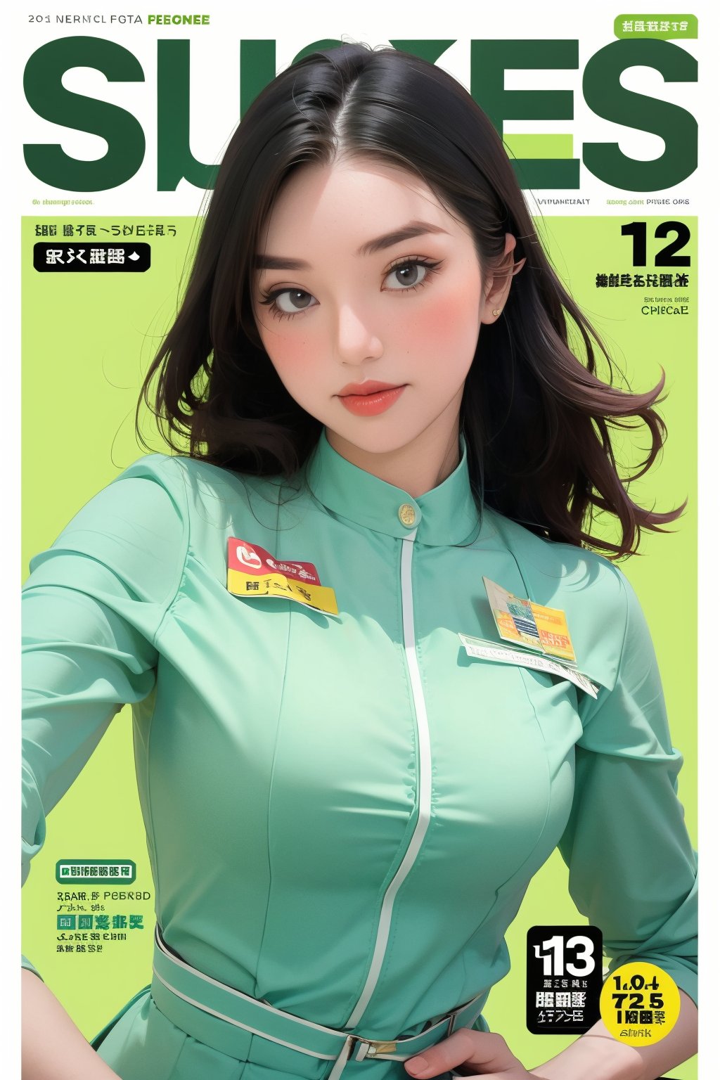 1girl, ((flight attendant outfit,)) looking at viewer, sharp focus, magazine cover, green background, chimai,