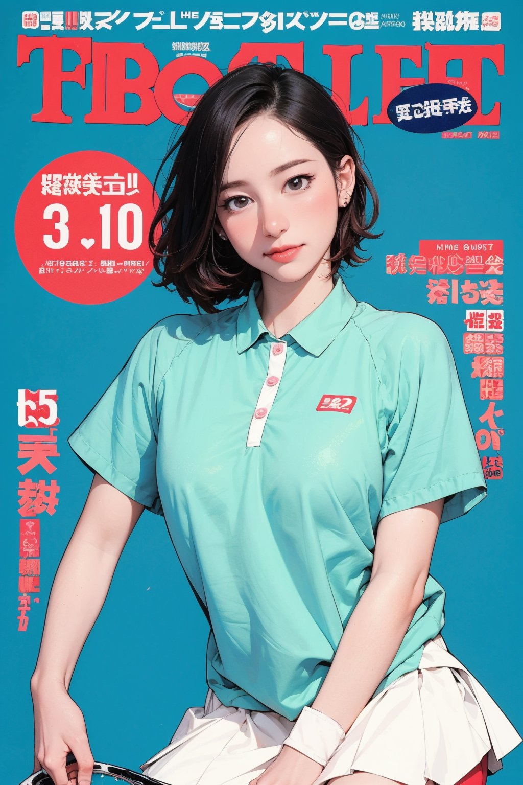 ((tennis girl outfit,)) 1girl, blush, thigh up, looking straight at viewer, earrings, magazine cover, 2D manga artstyle, outline, blue background, hine