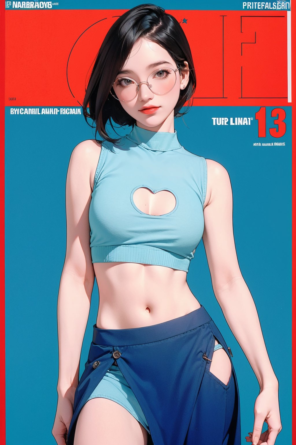 allure, lustful, 1girl, thigh up body, looking at viewer, translucent, intricate clothes, cutout clothes, ((blue white clothes, sleeveless, skirt, navel cutout, )), cinematic lighting, hairstyle, magazine cover, red background, hakil, eyeglasses,