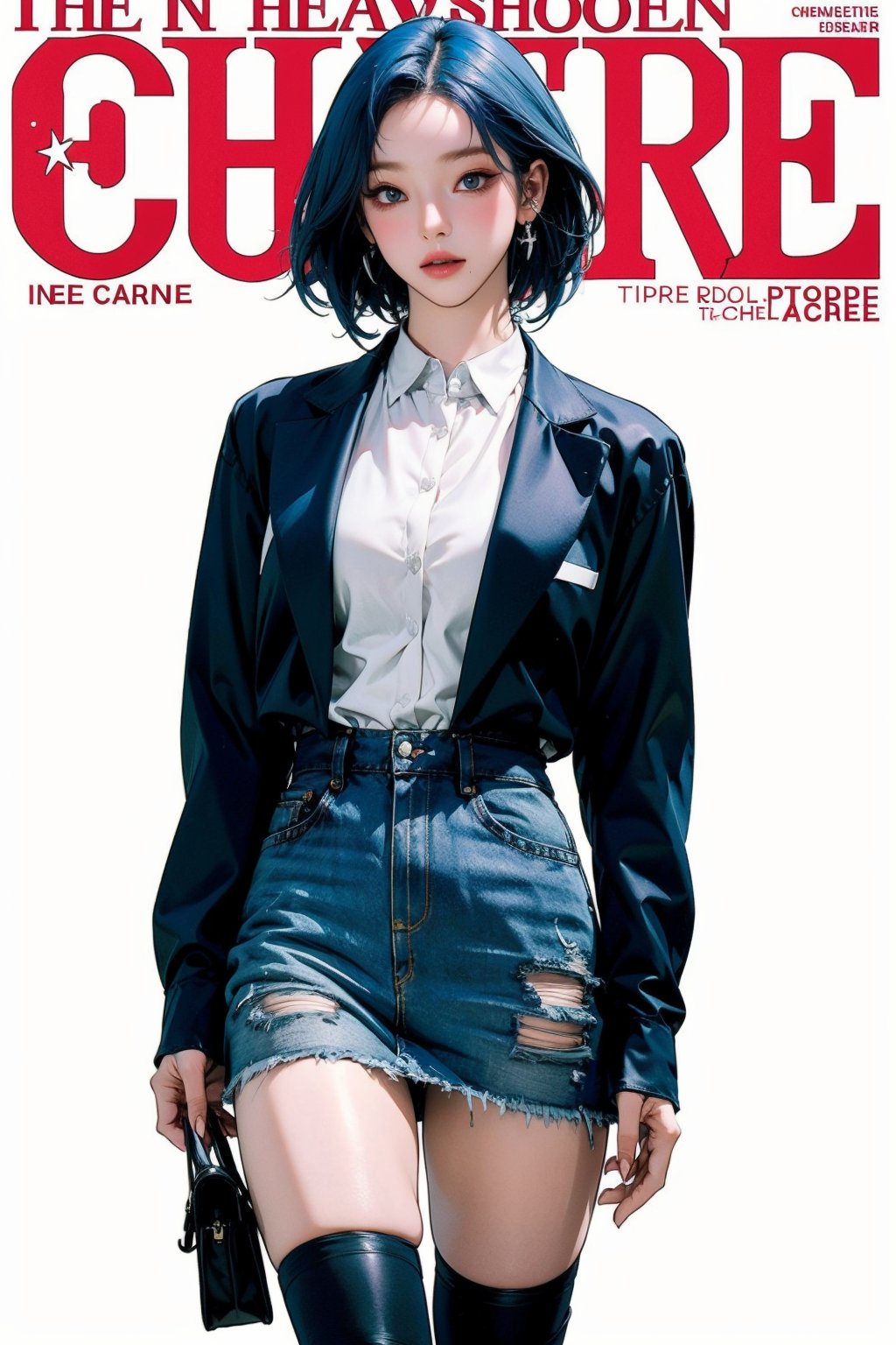 1girl, ((schoolgirl outfit, thigh up body, walking,)) different color hair, detailed clothes, unbuttoned see-through shirt, earrings, looking at viewer, aespakarina, magazine cover,