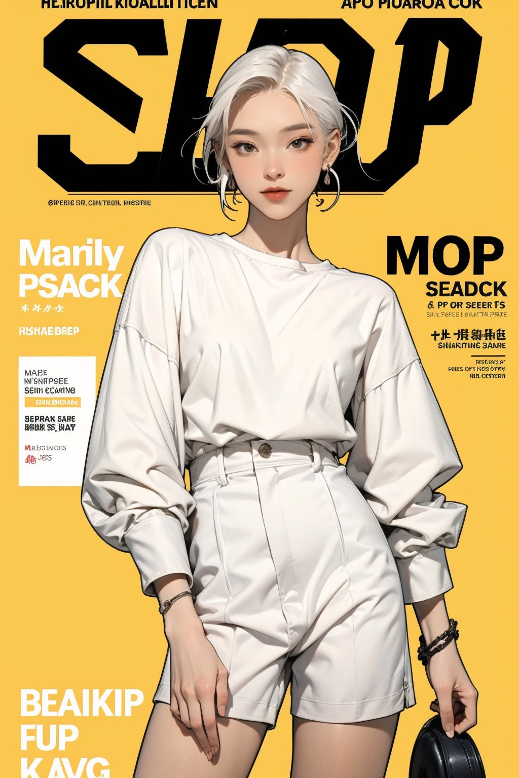 1girl, white hair, bracelets, ((thigh up body, standing,)) looking at viewer, hairstyle, earrings, intricate background, magazine cover, aespakarina, headphone,mthanhh