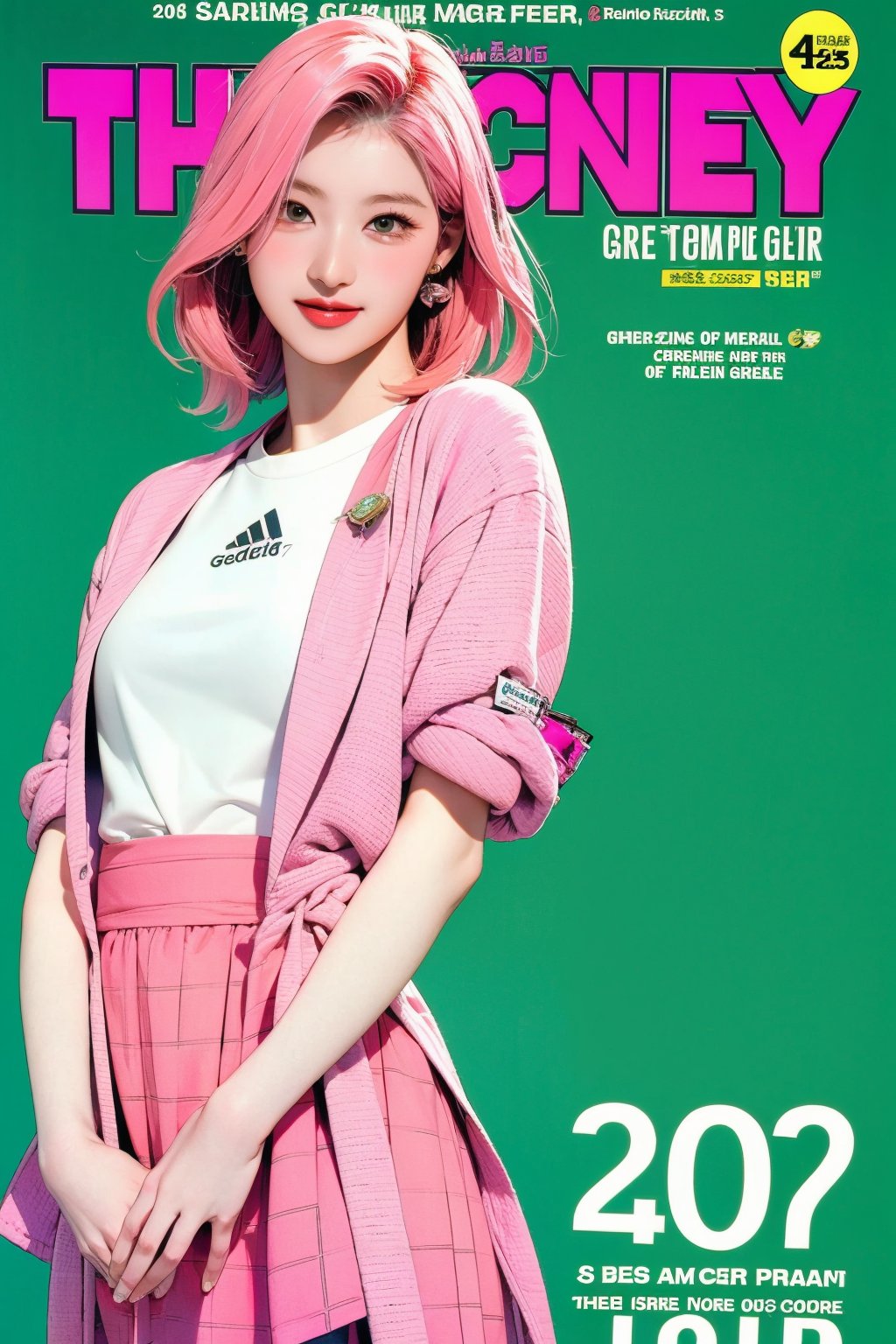 tennis girl outfit, 1girl, standing, pink hair, looking at viewer, hairstyle, detailed clothes, earrings, sanatw, magazine cover, green background,