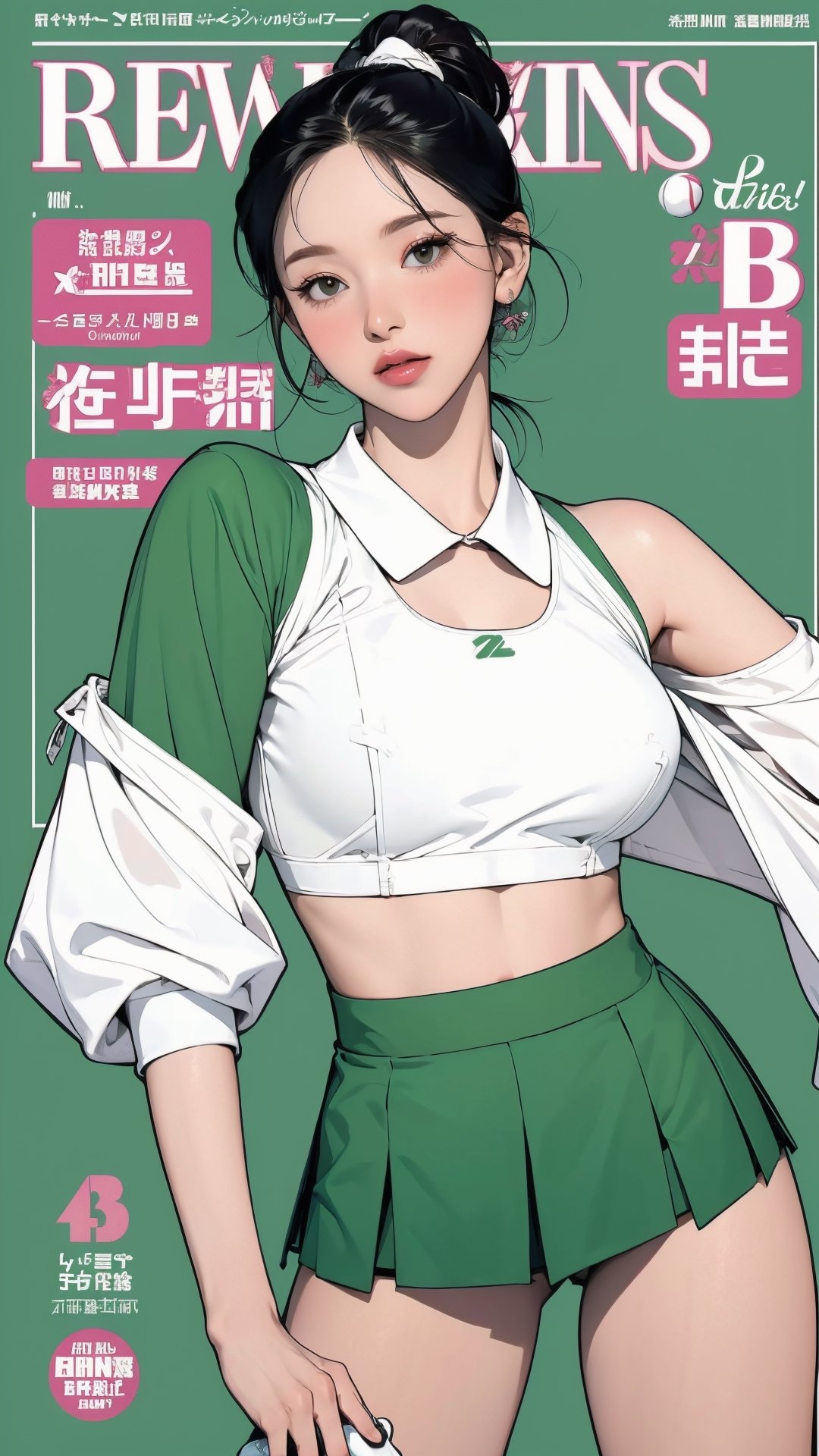 1girl, standing, thigh up body, ((looking at viewer, tennis girl outfit, center opening,)) 2D artstyle, magazine cover, outline, earings, blush, green background, hairstyle, ultra detailed, best quality, sharp focus, ,DiaSondef,sophiesw,Mia ,Anna ,mthanhh,minatw