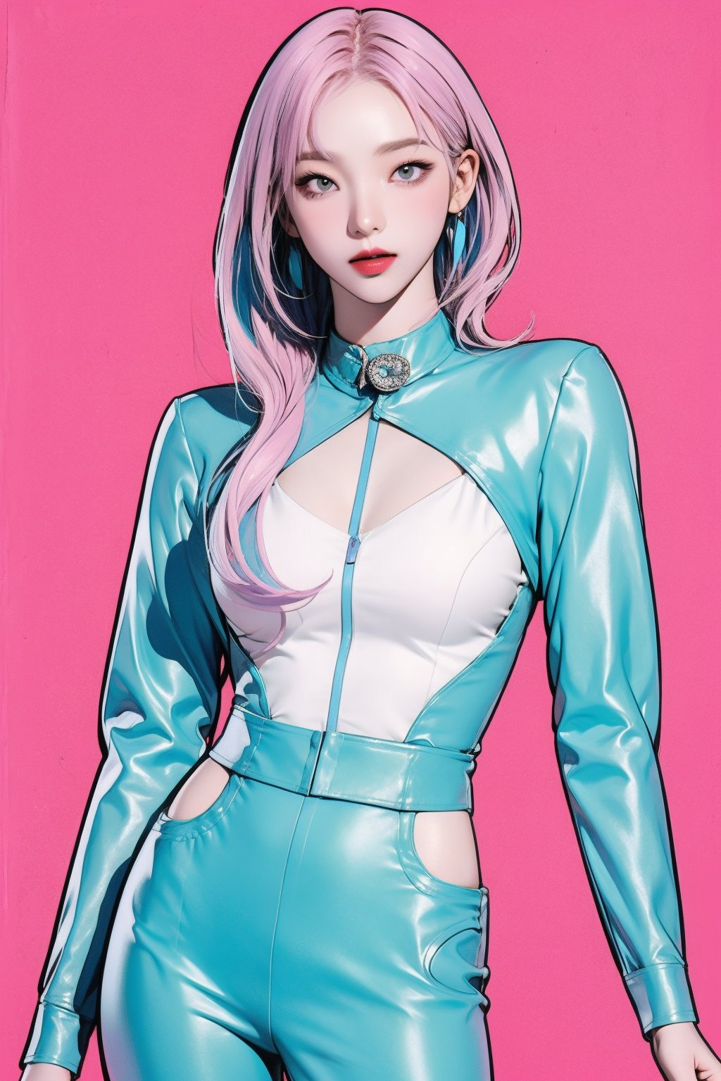 allure, 1girl, thigh up body, detailed clothes, cutout, kpop idol outfit, styled, pink purple hair, red lips, looking at viewer, sharp focus, magazine cover, cyan blue background, ((outline,)) chimai, aespakarina,sanatw