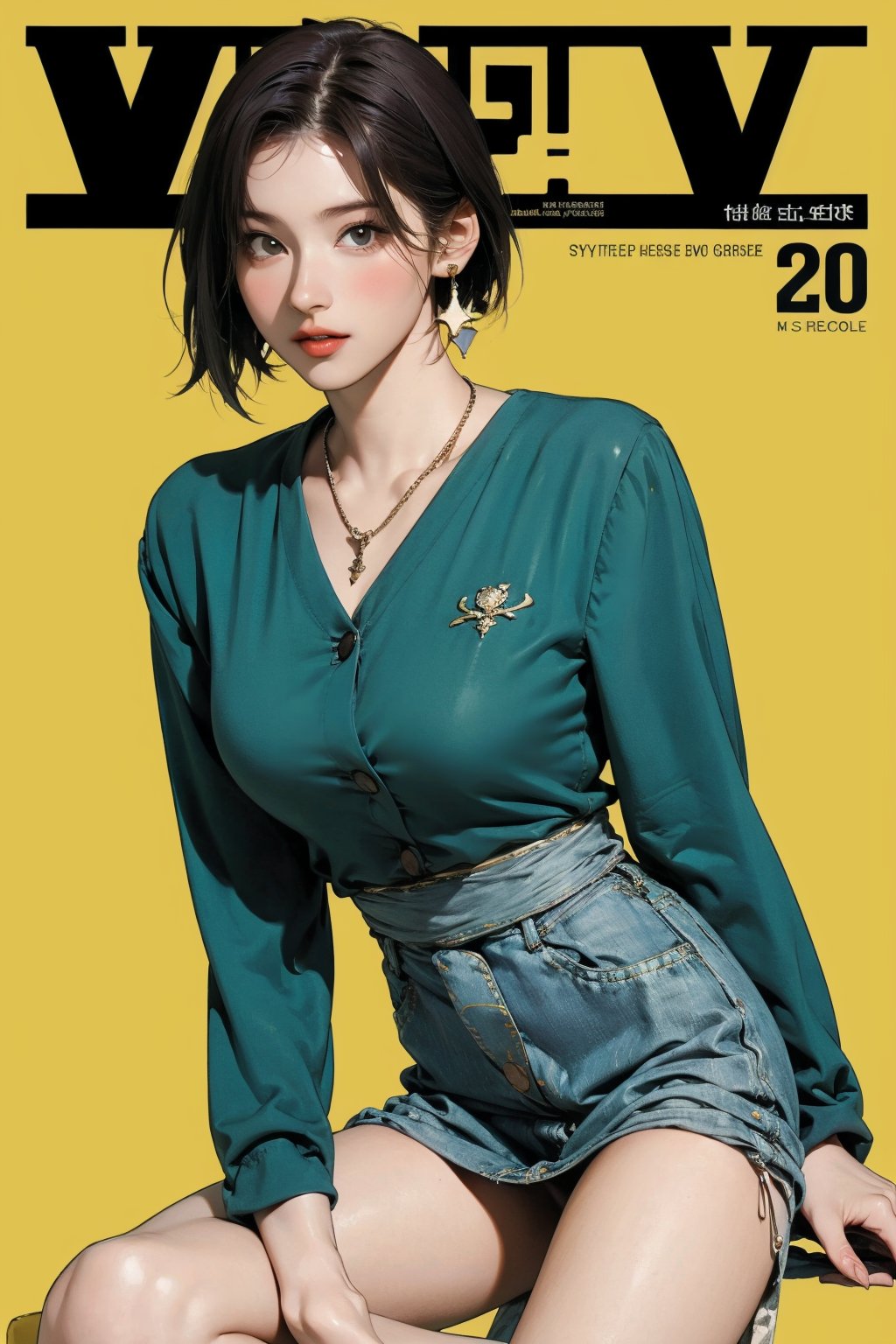 styled outfit, 1girl, thigh up body, looking at viewer, detailed clothes, earrings, sanatw, magazine cover, green background, 2D artstyle,