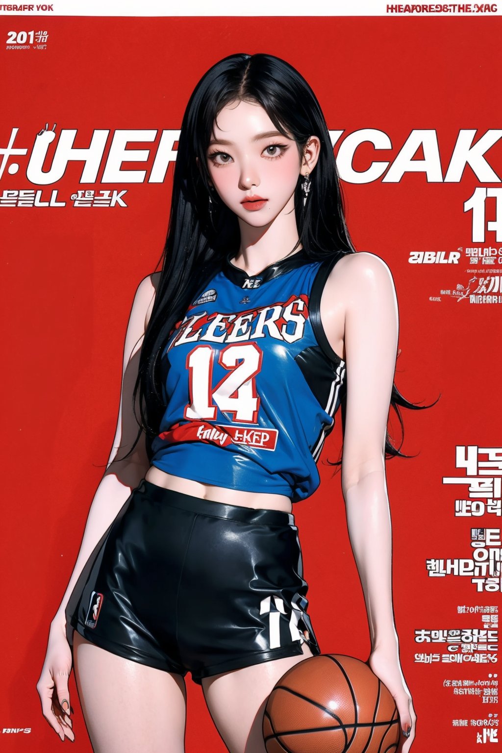 1girl, ((basketball girl outfit,)) thigh up, detailed clothes, earrings, looking at viewer, aespakarina, magazine cover,