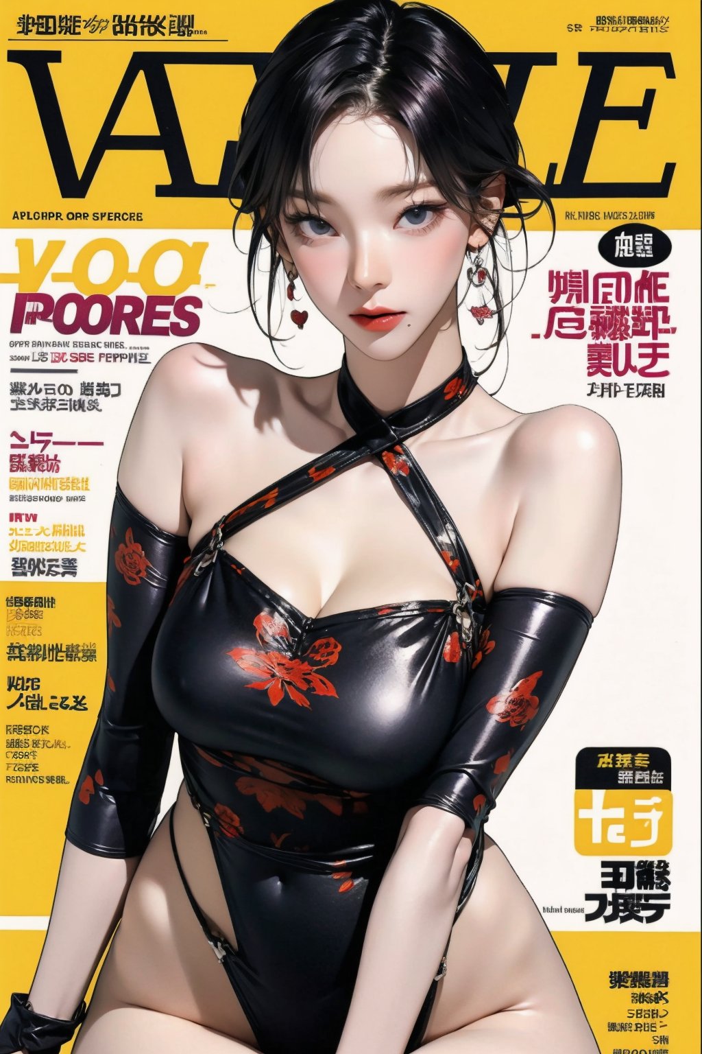 1girl, thigh up body, looking at viewer, styled clothes, hairstyle, aespakarina, magazine cover, earrings, 