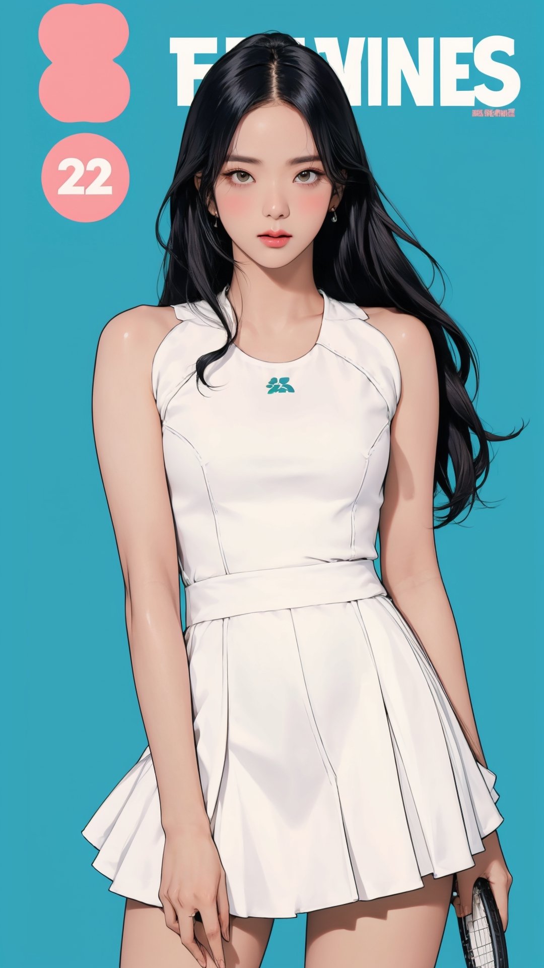 1girl, standing, thigh up body, ((looking at viewer, tennis girl outfit,)) 2D artstyle, magazine cover, outline, earings, blush, green background, hairstyle, ultra detailed, best quality, sharp focus,rosé,jisoo