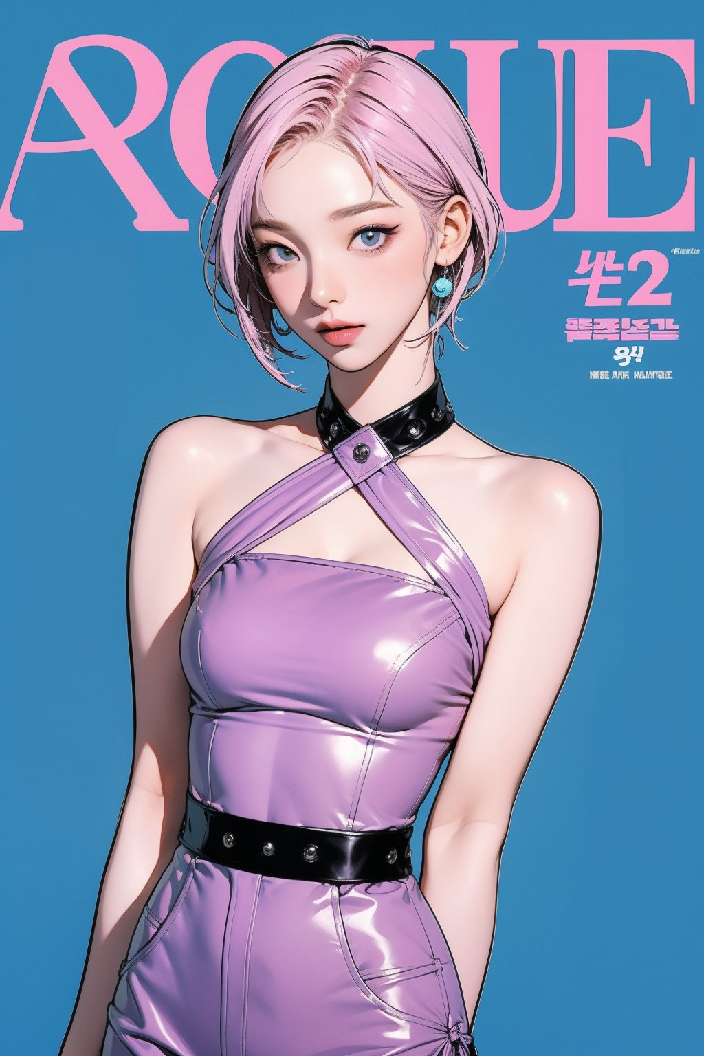 allure, 1girl, thigh up body, detailed clothes, cutout, kpop idol outfit, styled, medium hair, pink purple hair, looking at viewer, sharp focus, magazine cover, cyan blue background, ((outline,)) chimai, aespakarina,sanatw