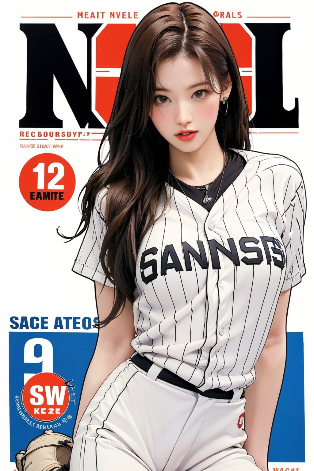 1girl, thigh up body, ((baseball girl outfit,)) long hair, looking at viewer, detailed clothes, earrings, sanatw, magazine cover, dynamic angle,