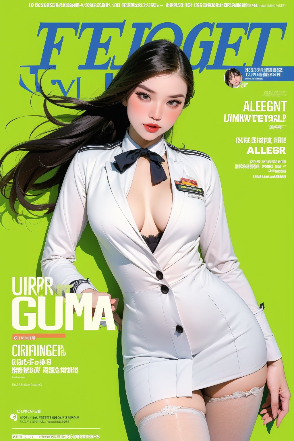 1girl, ((flight attendant outfit,)) thigh up body, detailed clothes, looking at viewer, sharp focus, magazine cover, green background, chimai,