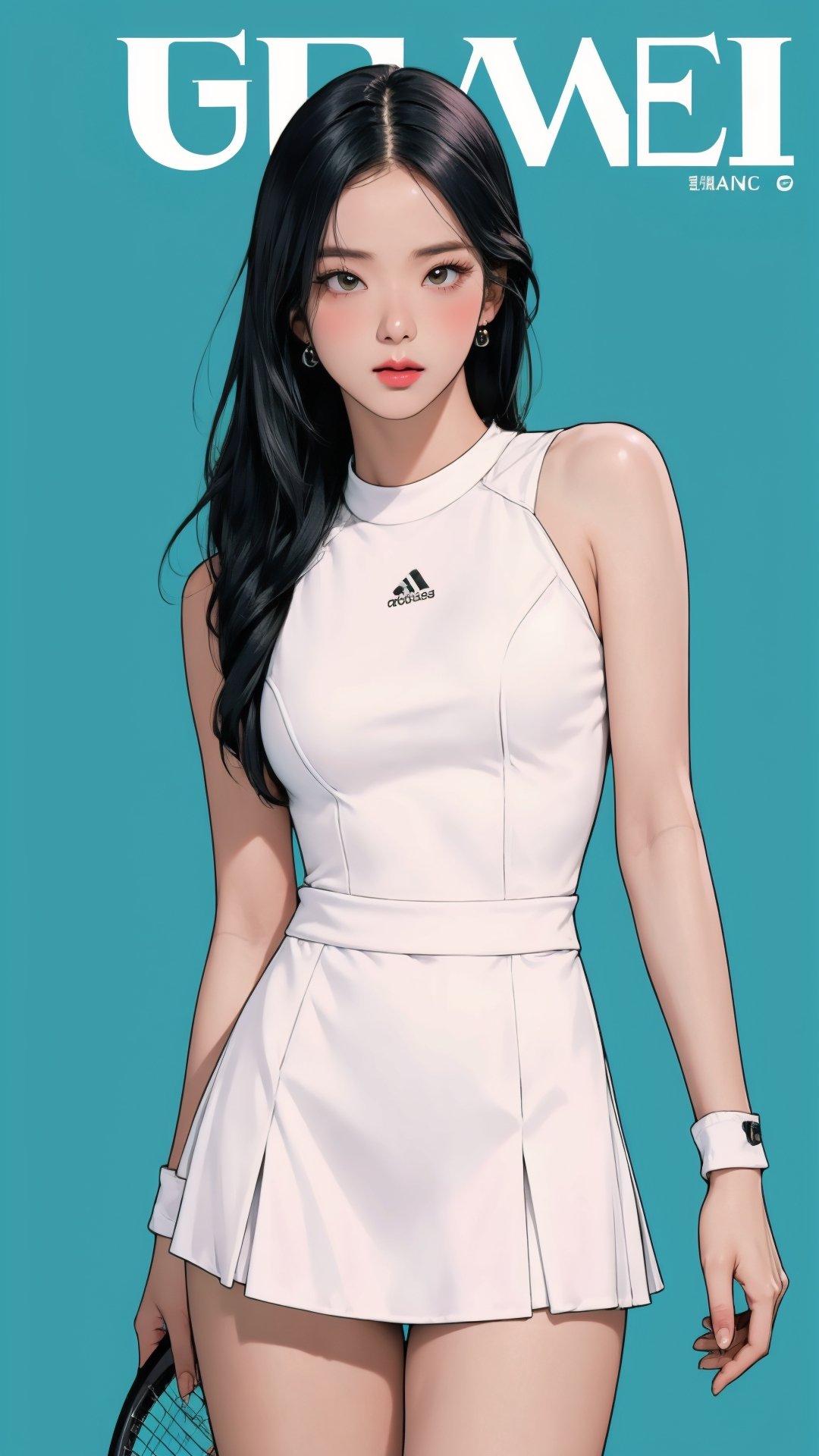 1girl, standing, thigh up body, ((looking at viewer, tennis girl outfit,)) 2D artstyle, magazine cover, outline, earings, blush, green background, hairstyle, ultra detailed, best quality, sharp focus,rosé,jisoo
