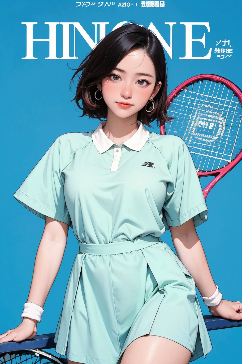 ((tennis girl outfit,)) 1girl, blush, thigh up, looking straight at viewer, earrings, magazine cover, 2D manga artstyle, outline, blue background, hine