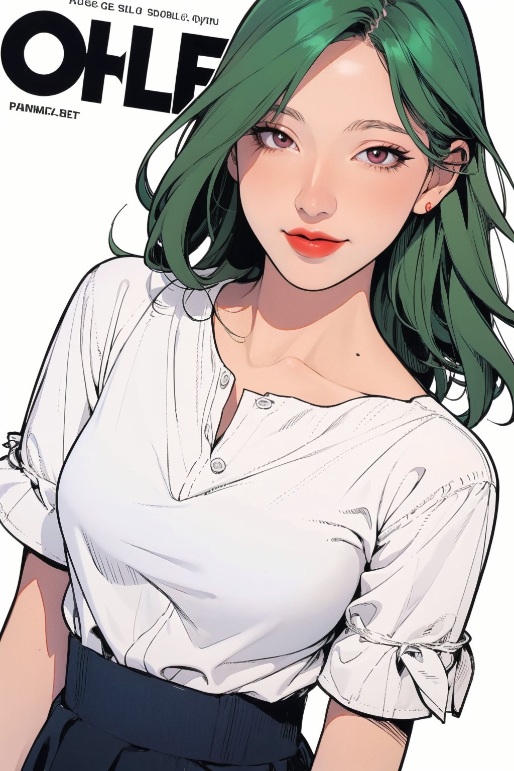 mature, lustful, allure, 1girl, green hair, red lips, eye_lens, detailed and styled clothes, styled shirt, medium breasts, skirt, looking at viewer, best quality, masterpiece, sharp focus, hakil, magazine cover, ((outline, 2D manga artstyle,))