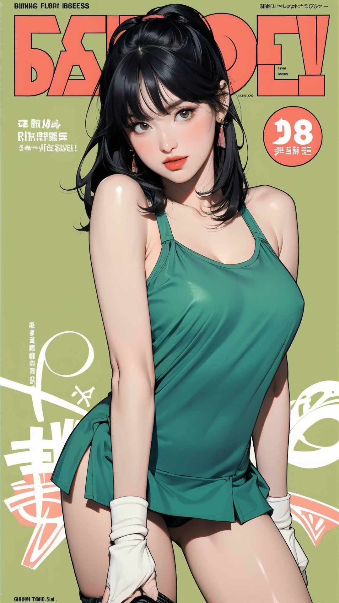 1girl, standing, thigh up body, ((looking at viewer, tennis girl outfit, center opening,)) 2D artstyle, magazine cover, outline, earings, blush, green background, hairstyle, ultra detailed, best quality, sharp focus, ,DiaSondef,sophiesw,Mia ,Anna ,mthanhh,minatw,momo