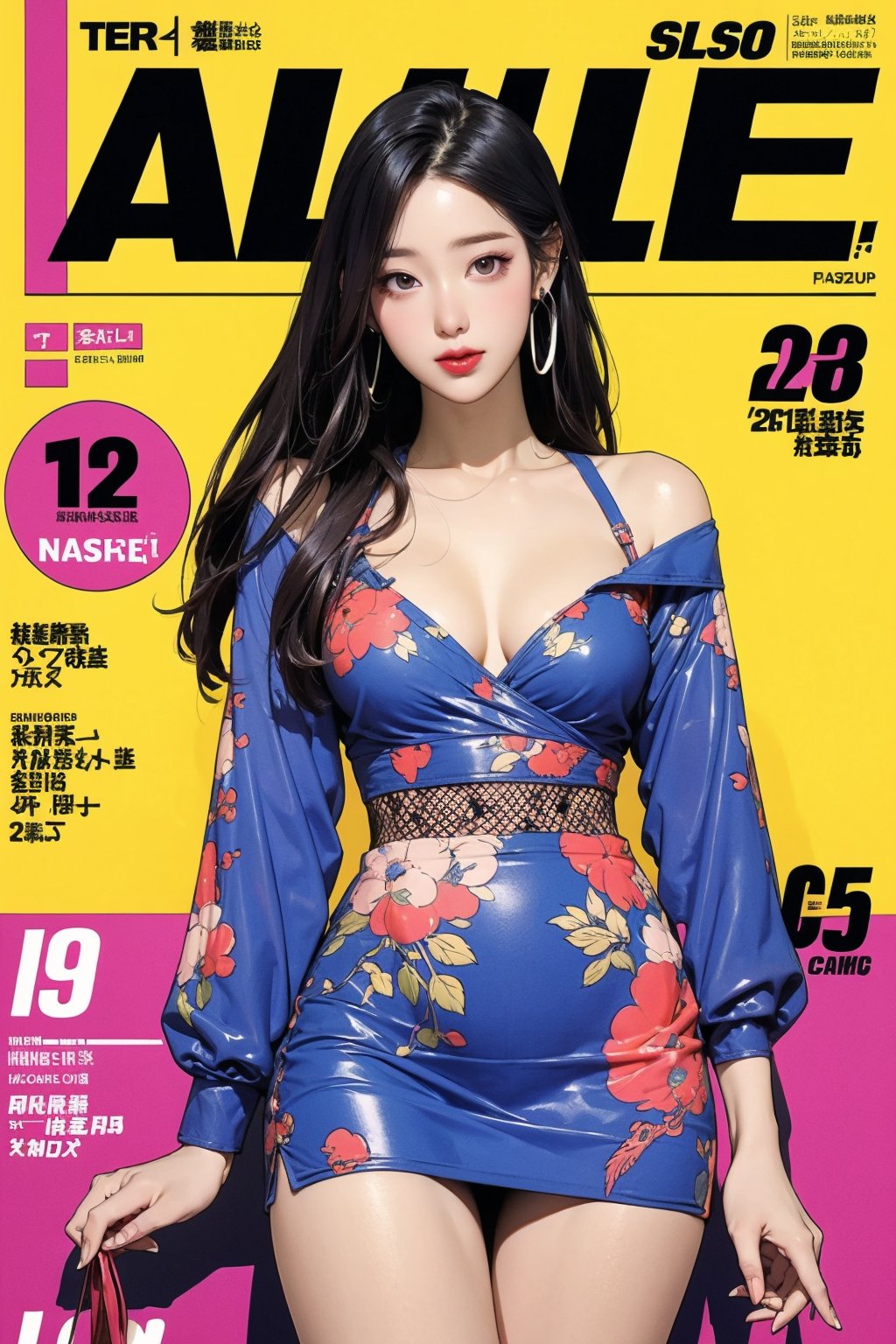 allure, lustfully, 1girl, thigh up body, detailed clothes, earrings, magazine cover, colorful, chimai