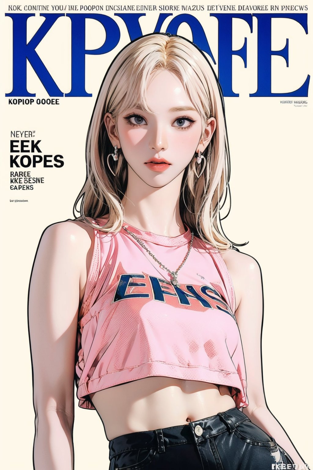 1girl, kpopgirl outfit, croptop, shorts, pink and blonde hair, detailed clothes, earrings, looking at viewer, aespakarina, magazine cover,