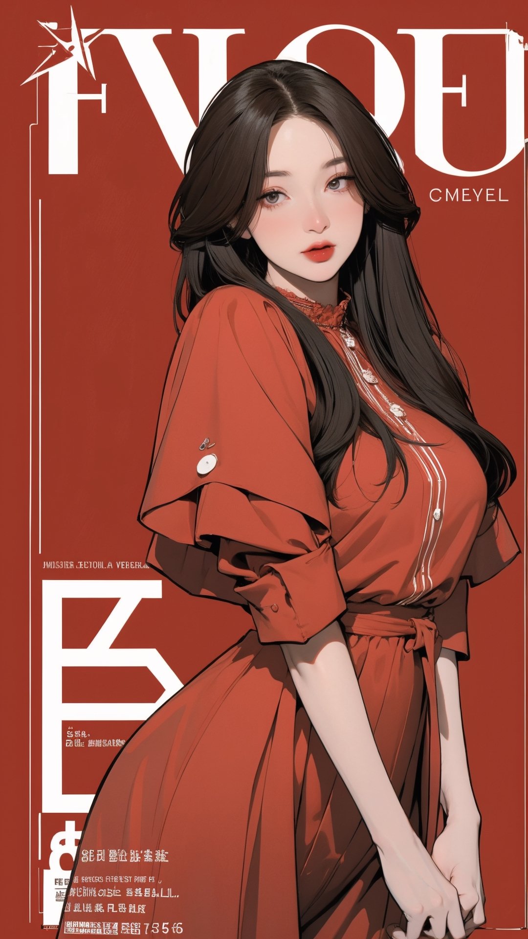 1girl, idol, singer, actress looking at viewer, thigh up body, elegant and asthetic, red background, styled clothes, hairstyle, cinematic composition, styled clothes,  ultra detailed, best quality, sharp focus, magazine cover, outline, 2D artstyle,aespakarina,htt