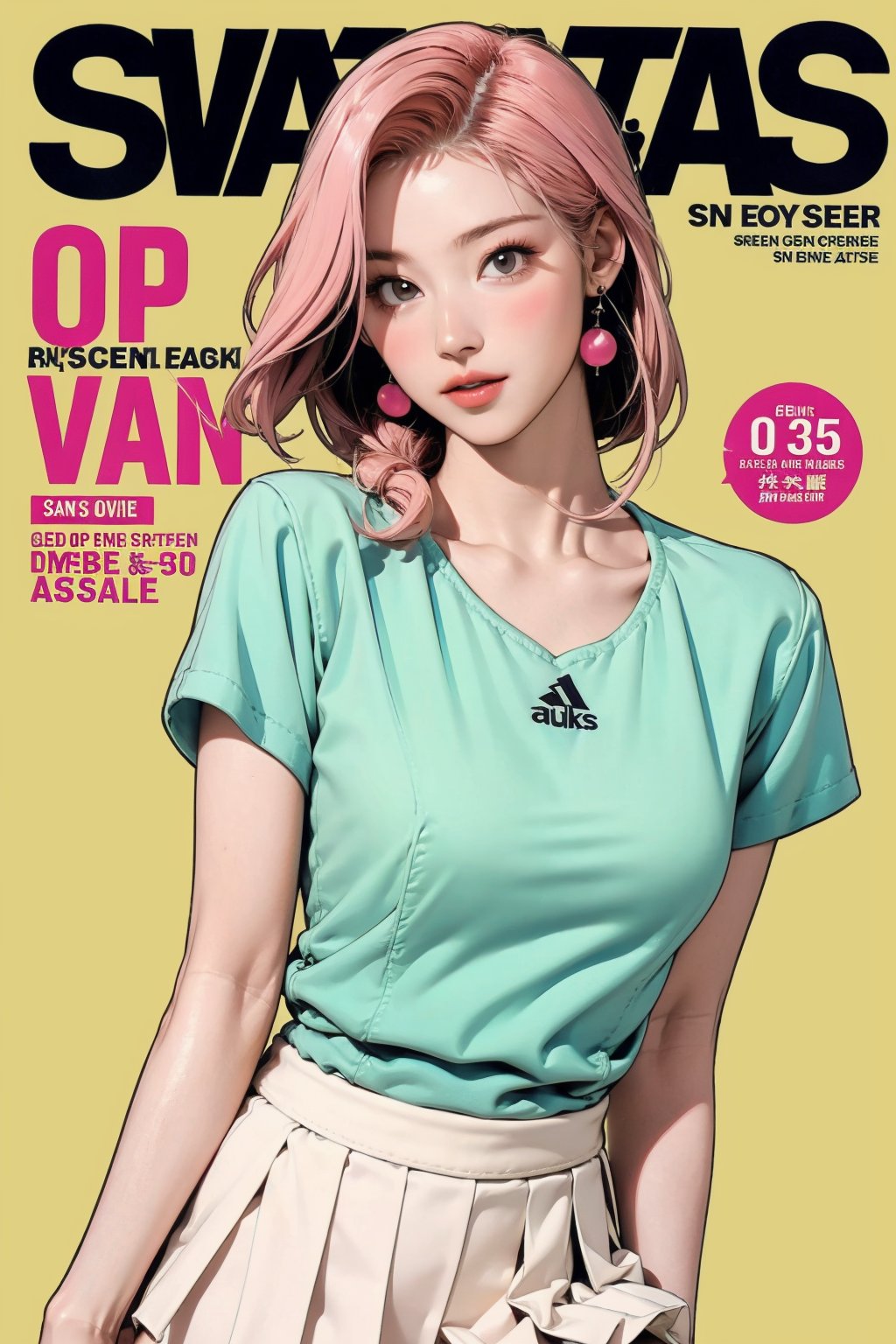 tennis girl outfit, 1girl, thigh up body, pink hair, looking at viewer, hairstyle, detailed clothes, earrings, sanatw, magazine cover, green background,