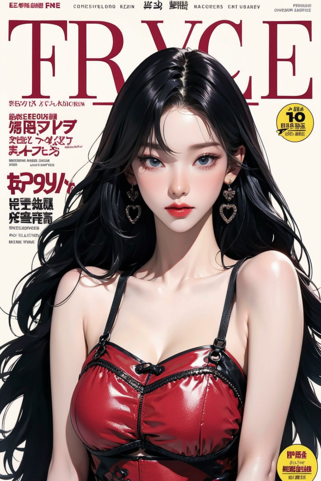 1girl, thigh up body, looking at viewer, styled clothes, hairstyle, aespakarina, magazine cover, earrings, 