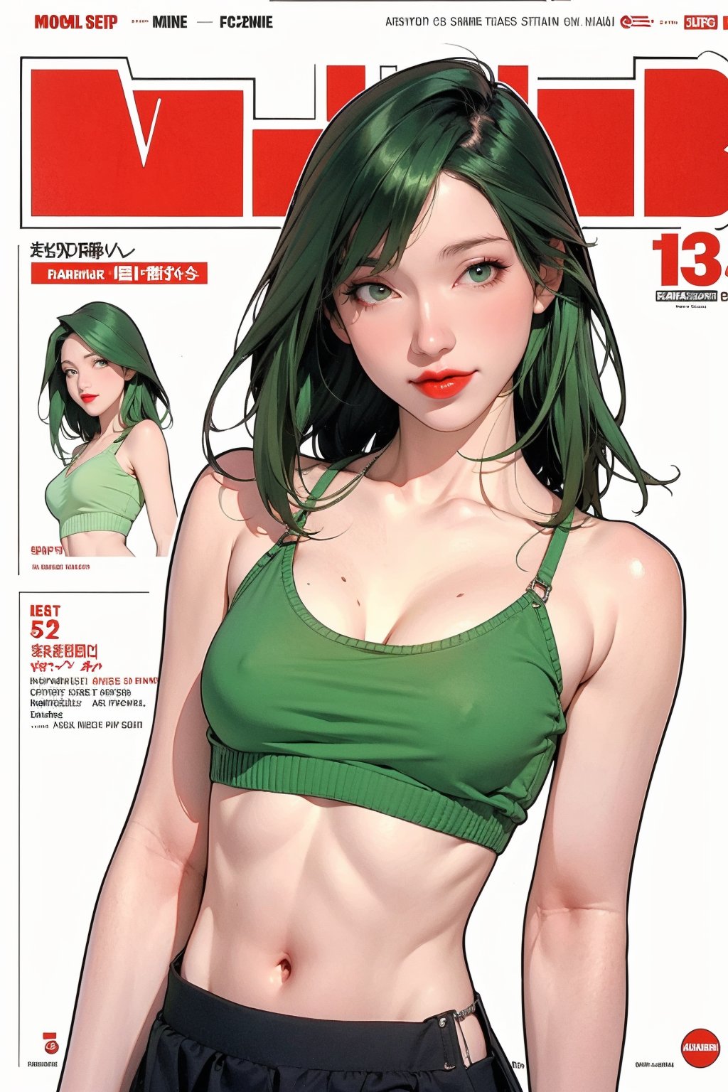 mature, lustful, allure, 1girl, green hair, red lips, eye_lens, detailed and styled clothes, top bikini, croptop hoodie, medium breasts, skirt, looking at viewer, best quality, masterpiece, sharp focus, hakil, magazine cover, ((outline, 2D manga artstyle,))