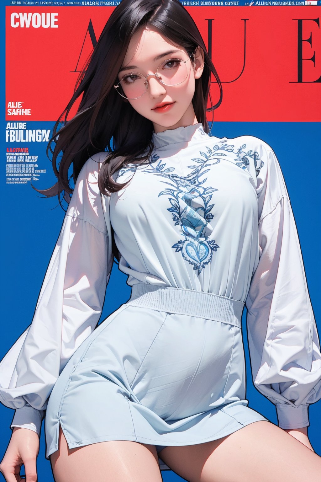 allure, lustful, 1girl, thigh up body, looking at viewer, translucent, intricate clothes, cutout clothes, ((blue white clothes)), cinematic lighting, hairstyle, magazine cover, red background, hakil, eyeglasses,