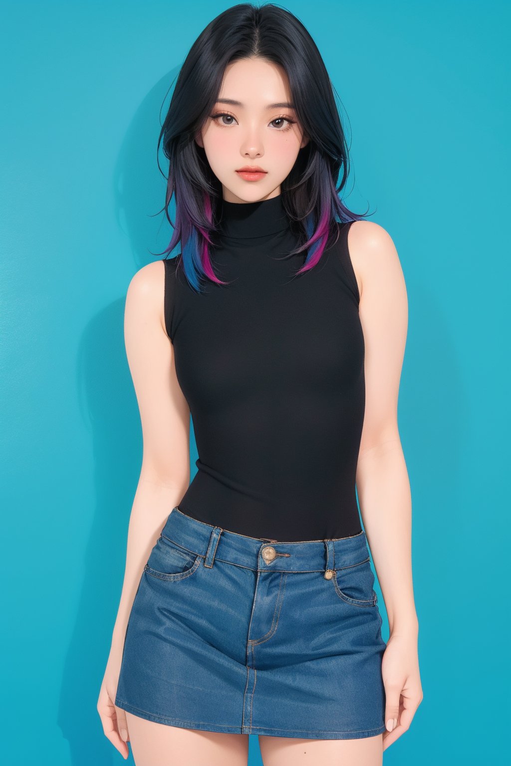 1girl, thigh up, standing, looking at viewer, detailed clothes, styled cutout turtleneck body shirt, sleeveless, miniskirt, accurate color reproduction, best quality, professionally color graded, professional lighting, sanatw, magazine cover, cyan background, jisoo,chimai,miyeon,aespakarina,hakil,QA