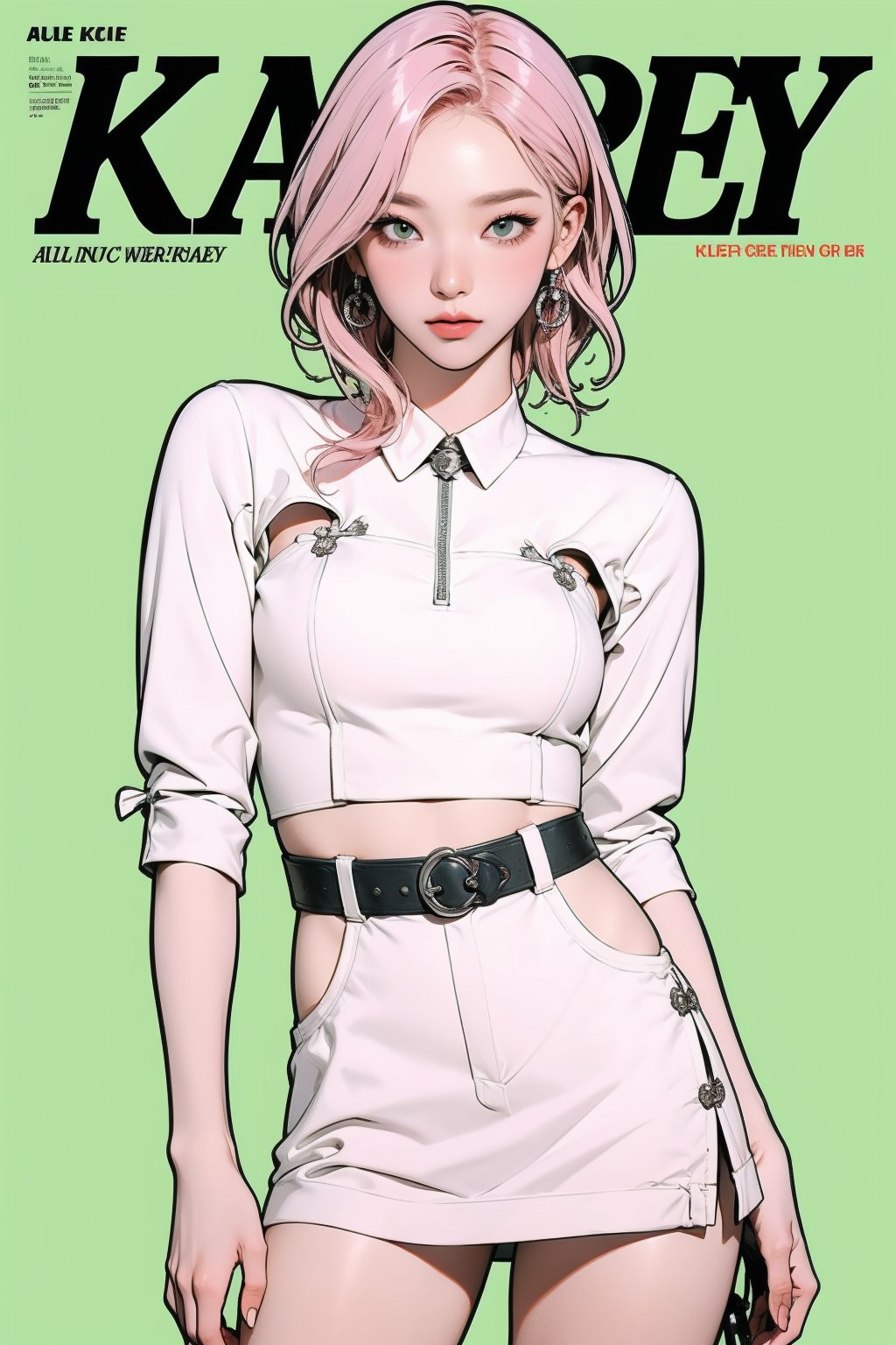 allure, 1girl, thigh up body, detailed clothes, cutout, kpop idol outfit, styled, medium hair, pink hair, looking at viewer, sharp focus, magazine cover, green background, ((outline,)) chimai, aespakarina,sanatw