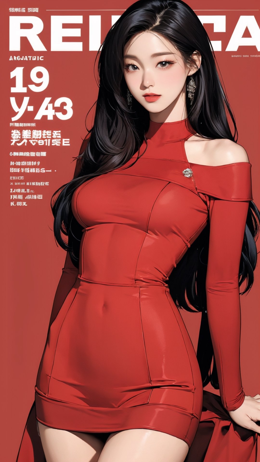 1girl, attendant, looking at viewer, thigh up body, stocking, earings, elegant, blush, red background, hairstyle, styled clothes, cinematic composition, ultra detailed, best quality, sharp focus, magazine cover, outline, 2D artstyle, seolhuyn