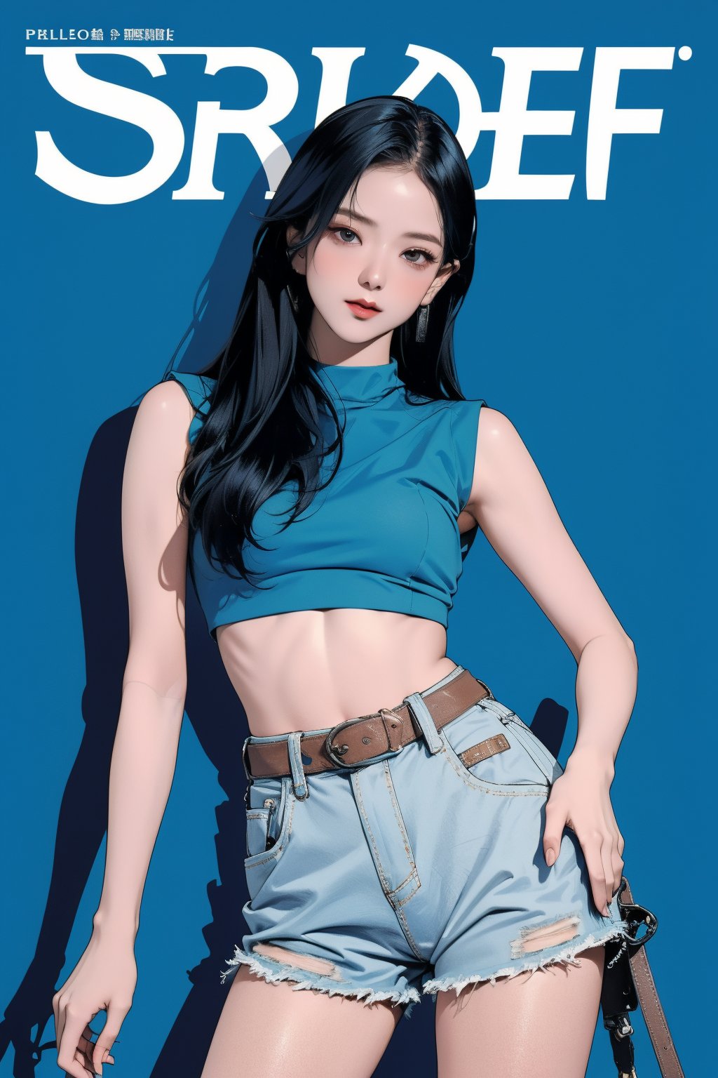 1girl, thigh up, looking at viewer, detailed clothes, strap croptop, sleeveless, accurate color reproduction, best quality, professionally color graded, artwork, blurring effect, professional lighting, sanatw, magazine cover, blue background, jisoo