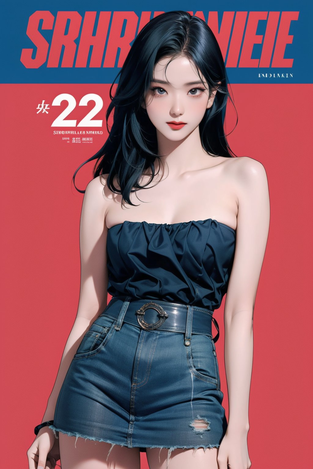 1girl,  looking at viewer, detailed clothes, ((strapless shirt,)) miniskirt, accurate color reproduction, best quality, professionally color graded, artwork, blurring effect, professional lighting, sanatw, magazine cover, blue background, jisoo