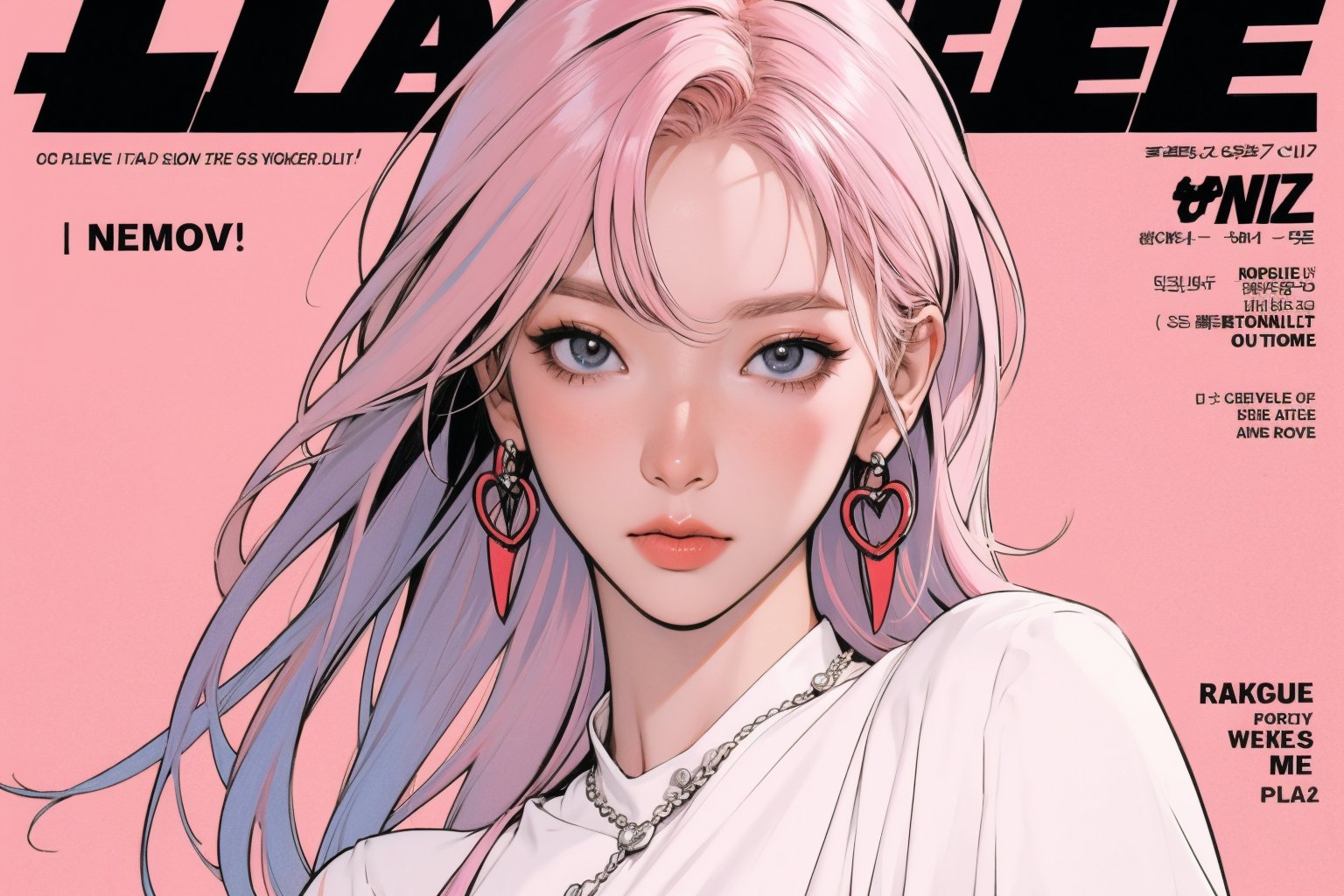 2D manga artstyle, 1girl, standing, detailed beautiful face, pink hair, detailed clothes, earrings, looking at viewer, magazine cover, aespakarina,