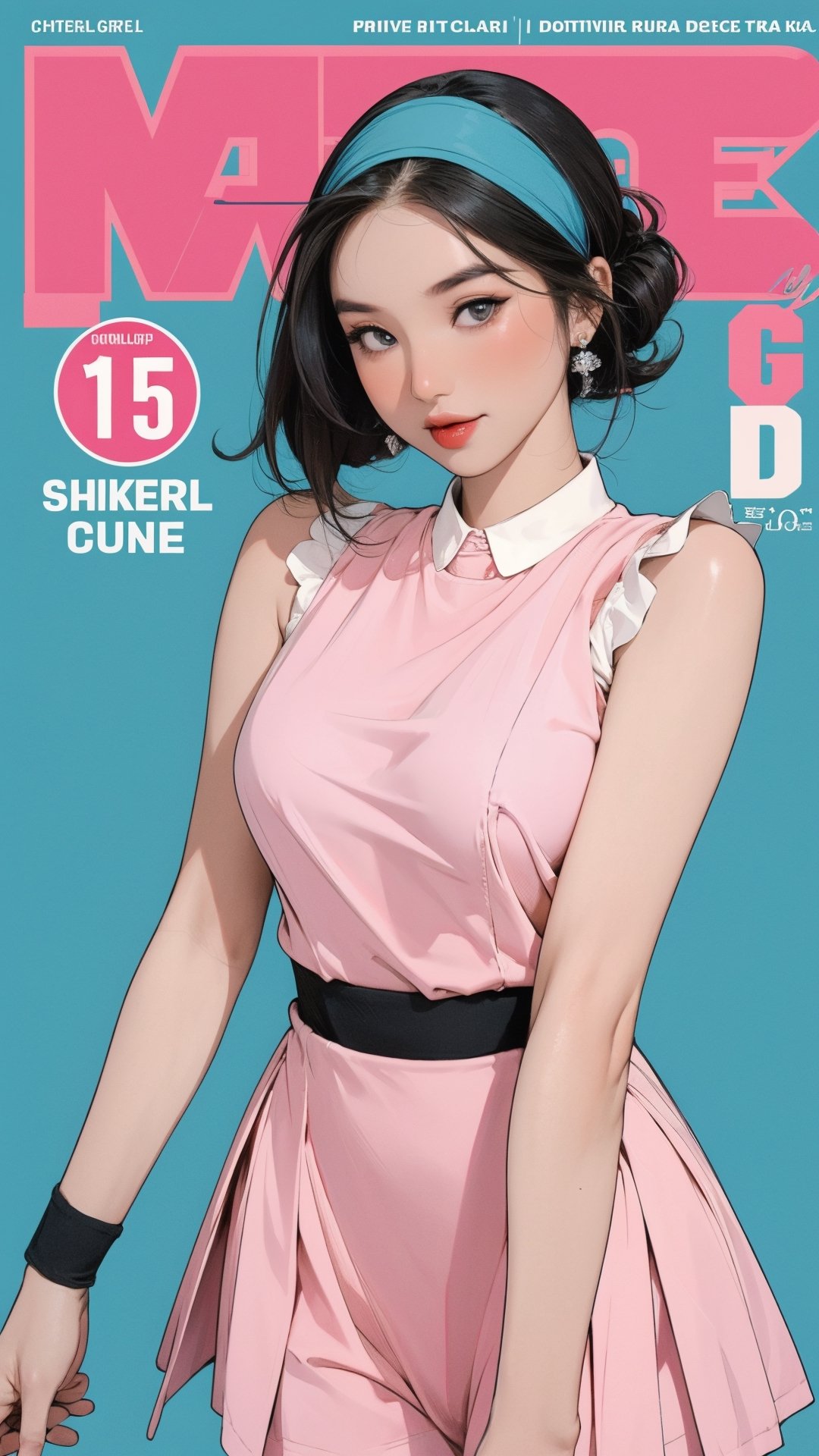 1girl, ((thigh up body, standing,)) magazine cover, outline, 2.5D artstyle, tennis girl outfit, hairband, looking at viewer, earings, blush, cyan background, hairstyle, detailed clothes, sleeveless, ultra detailed, best quality, sharp focus, chimai,