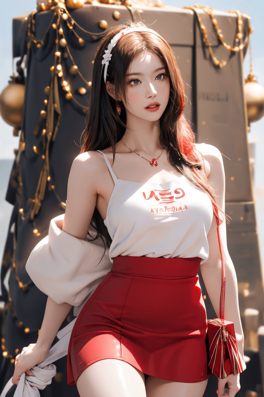 1girl, masterpiece, high detailed, realistic, digital art, beautiful girl, christmas, christmas girl costume, thighs up body, cropped clothes, skirt, red and white theme, aespakarina, aespakarina, 1girl, detailed beautiful face, detailed beautiful eyes, sharp focus, hair band, ,sanatw,1 girl