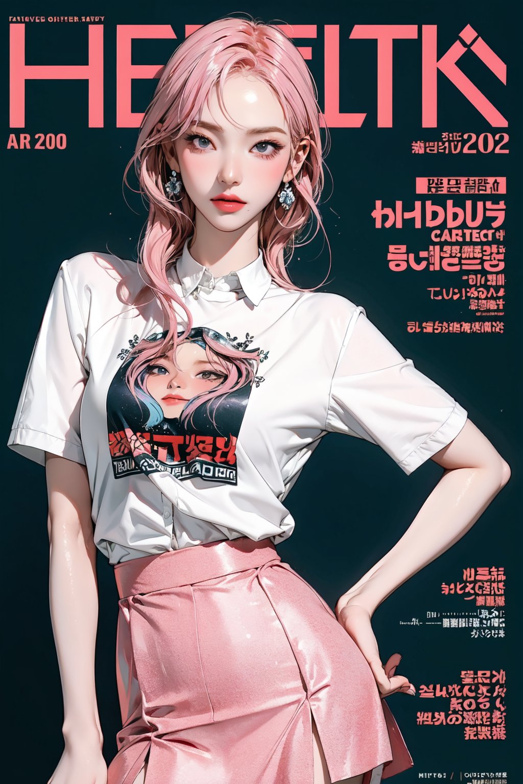 1girl, hip up body, standing, detailed beautiful face, pink hair, detailed clothes, shirt, skirt, earrings, looking at viewer, magazine cover, 2D artstyle, aespakarina, Art Deco