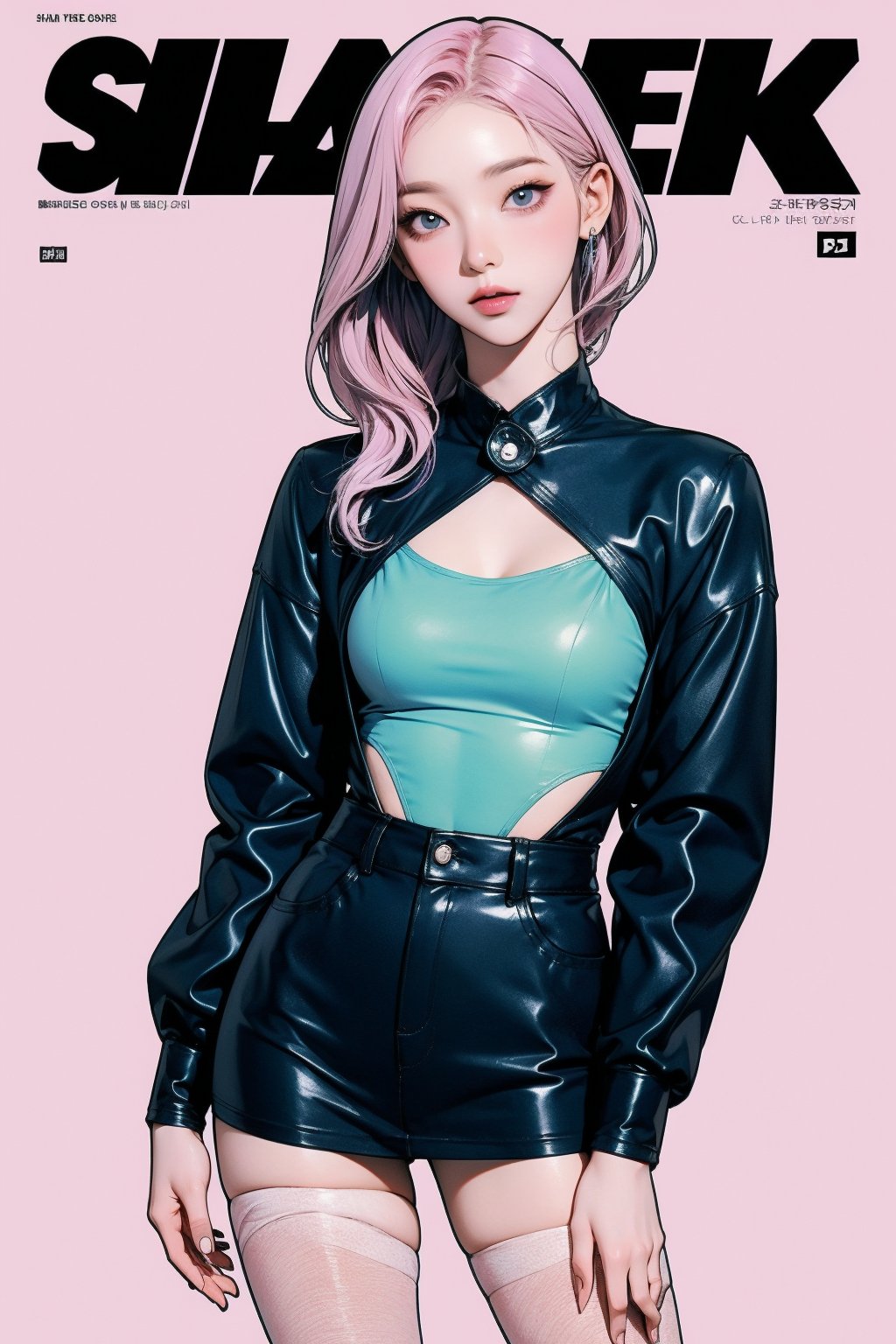 allure, 1girl, thigh up body, detailed clothes, cutout, kpop idol outfit, styled, medium hair, pink purple hair, looking at viewer, sharp focus, magazine cover, cyan blue background, ((outline,)) chimai, aespakarina,sanatw