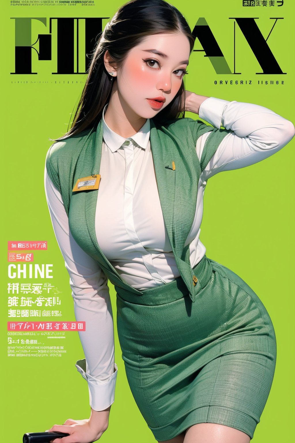 1girl, ((flight attendant outfit,)) thigh up body, detailed clothes, looking at viewer, sharp focus, magazine cover, green background, chimai,