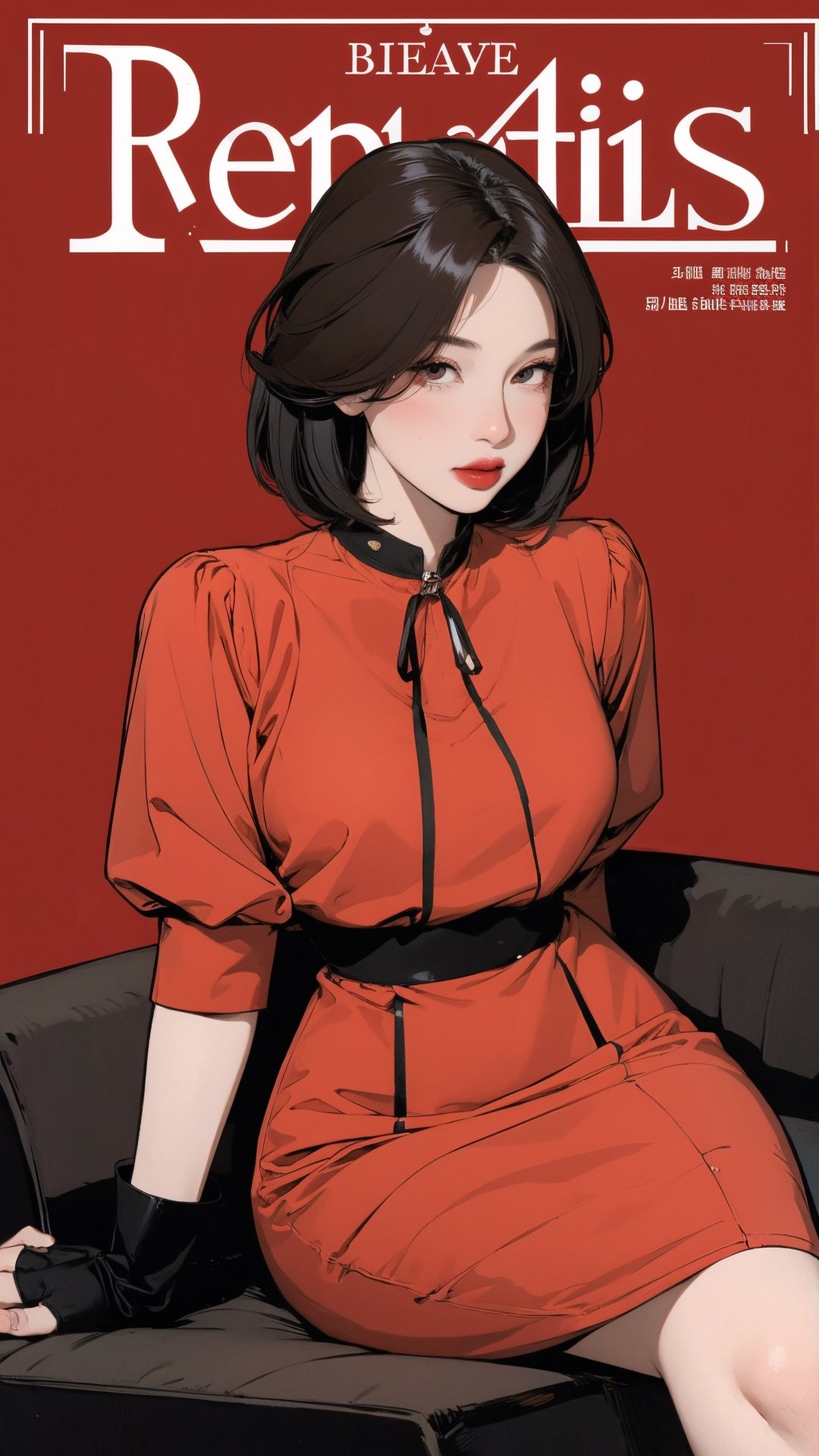 1girl, bdsm, looking at viewer, thigh up body, elegant and asthetic, red background, styled clothes, hairstyle, cinematic composition, styled clothes,  ultra detailed, best quality, sharp focus, magazine cover, outline, 2D artstyle,aespakarina,htt