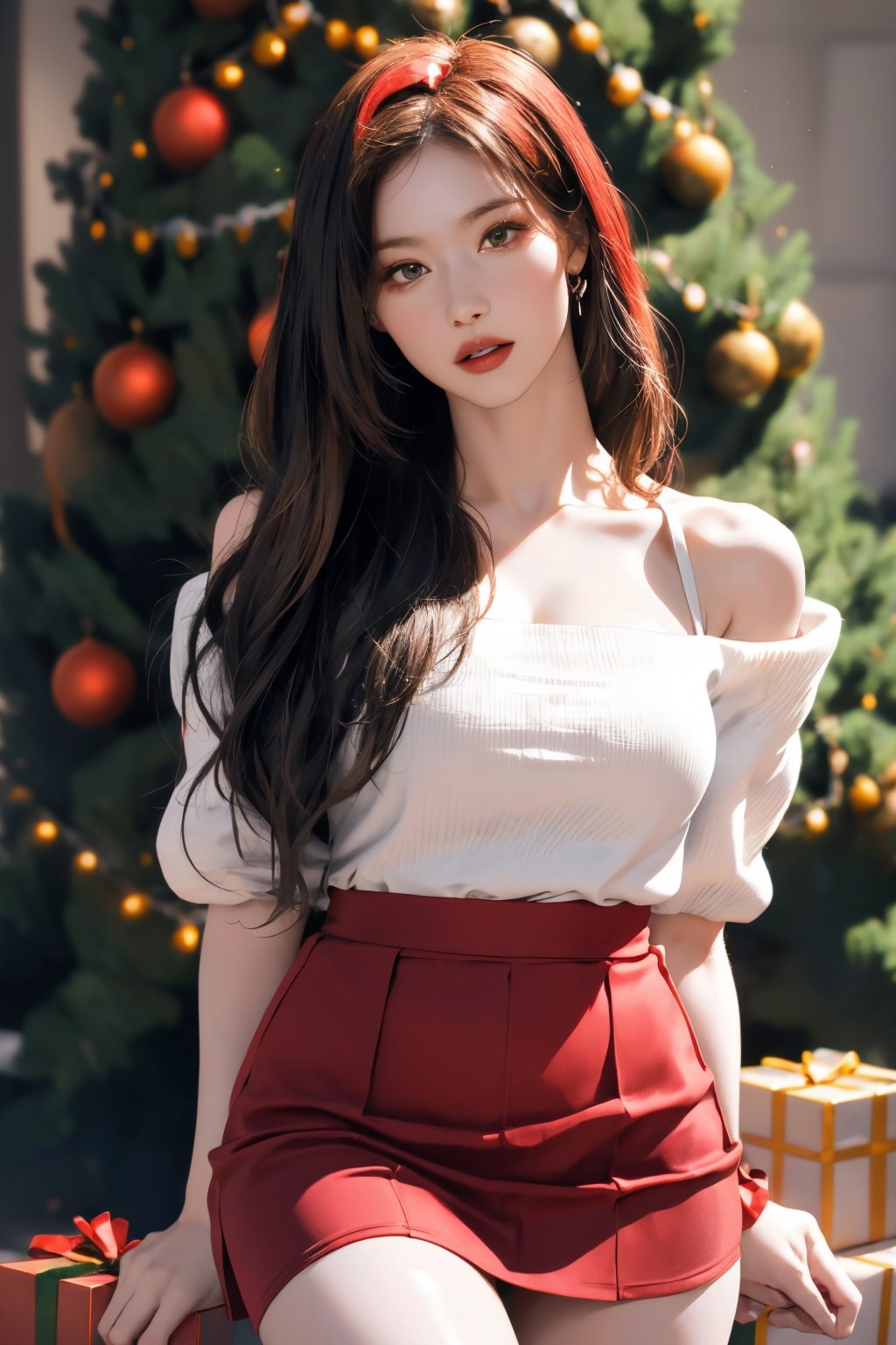 1girl, masterpiece, high detailed, realistic, digital art, beautiful girl, christmas, christmas girl costume, thighs up body, cropped clothes, skirt, red green theme, aespakarina, aespakarina, 1girl, detailed beautiful face, detailed beautiful eyes, sharp focus, hair band, ,sanatw,1 girl