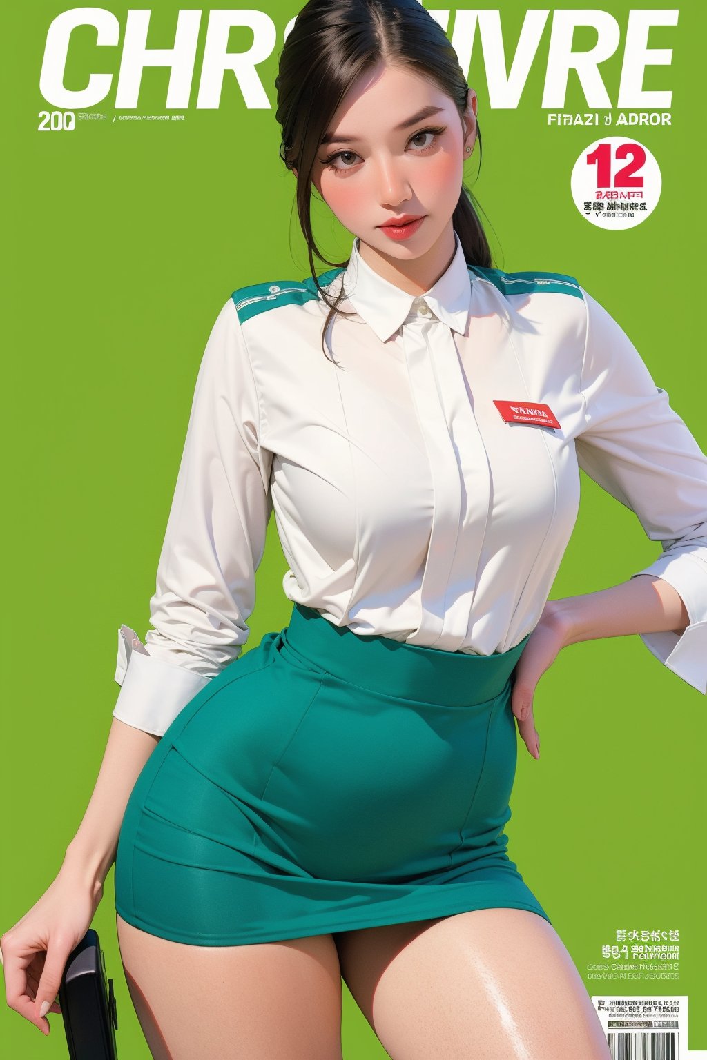 1girl, ((flight attendant outfit,)) thigh up body, cutout detailed clothes, looking at viewer, sharp focus, magazine cover, green background, chimai,