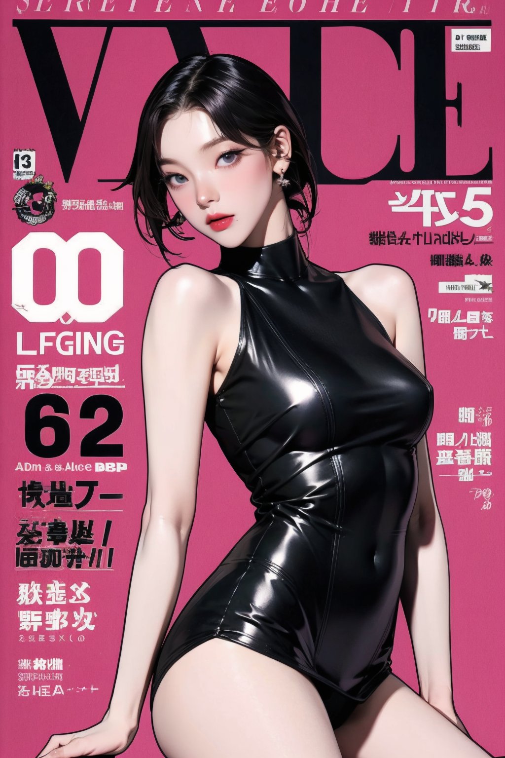 1girl, thigh up body, standing, looking at viewer, styled clothes, hairstyle, aespakarina, magazine cover, earrings, 