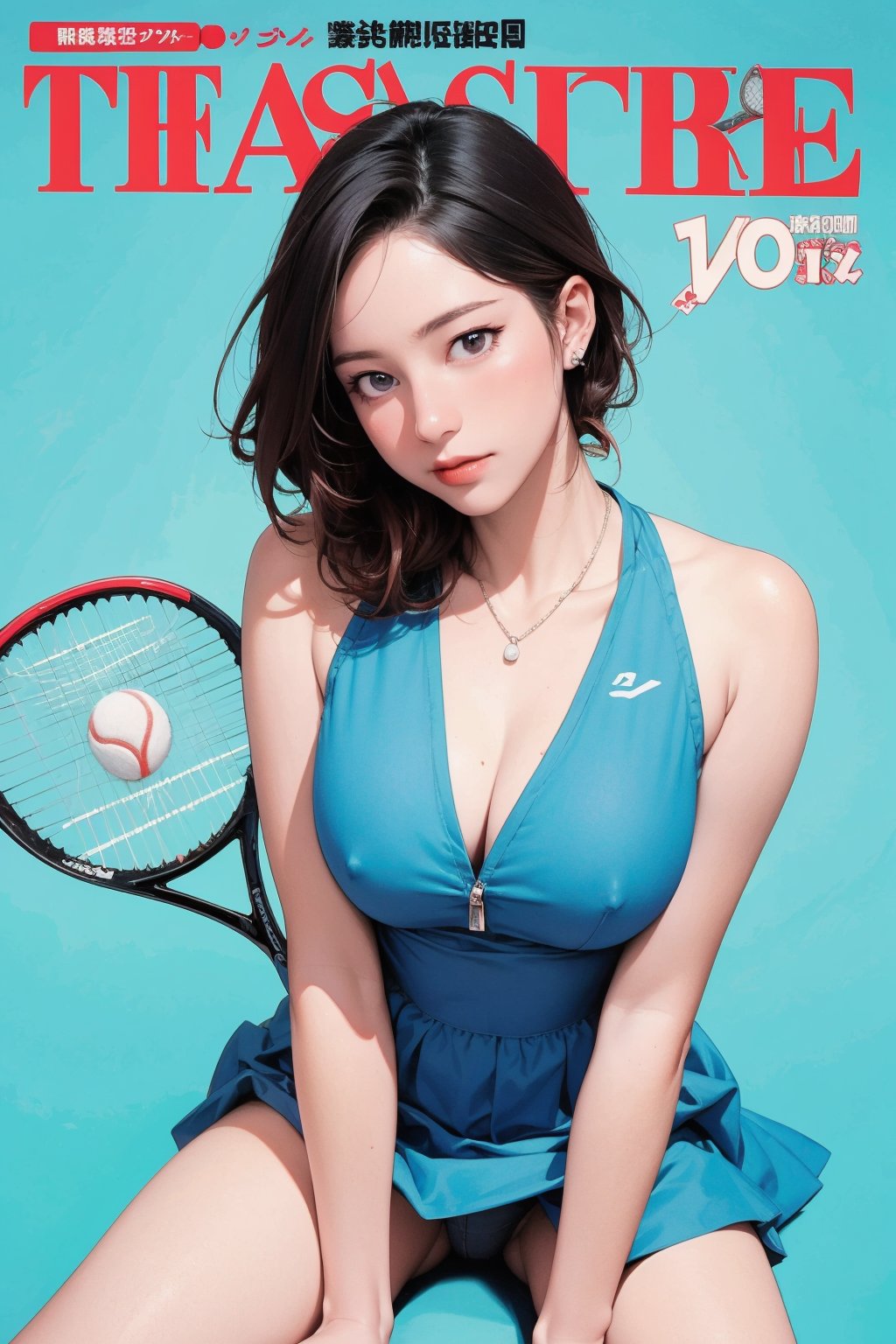 nsfw, ((tennis girl outfit,)) 1girl, blush, thigh up, looking straight at viewer, earrings, magazine cover, 2D manga artstyle, outline, blue background, hine