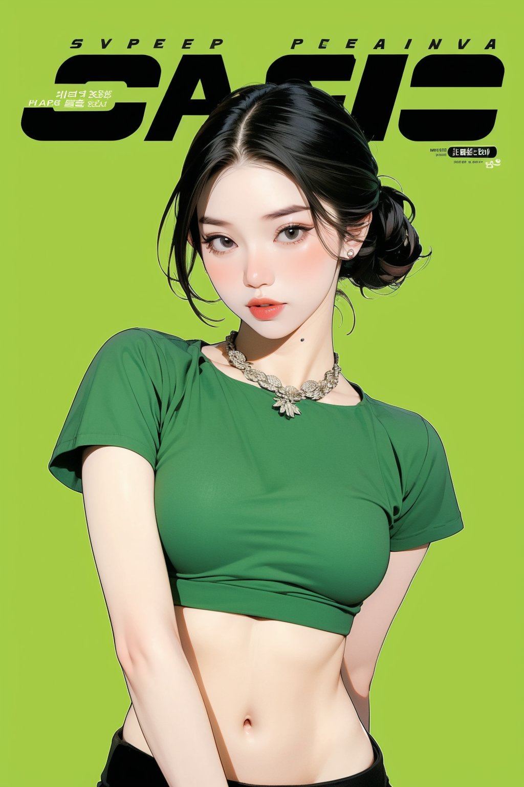 1girl, thigh up body, detailed clothes, kpop idol, hairstyle, croptop, looking at viewer, sharp focus, magazine cover, green background, ((outline,)) chimai, aespakarina,sanatw